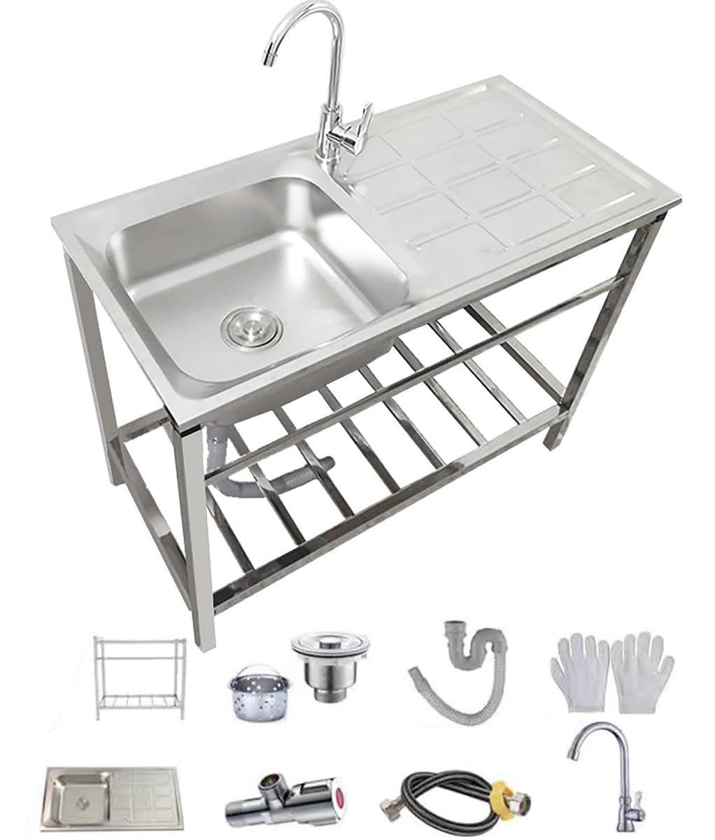 Fregadero de acero inoxidable 304, fregadero pequeño independiente con grifo y patas de banco de trabajo, fregaderos comerciales de un solo recipiente para garaje, restaurante, lavandería