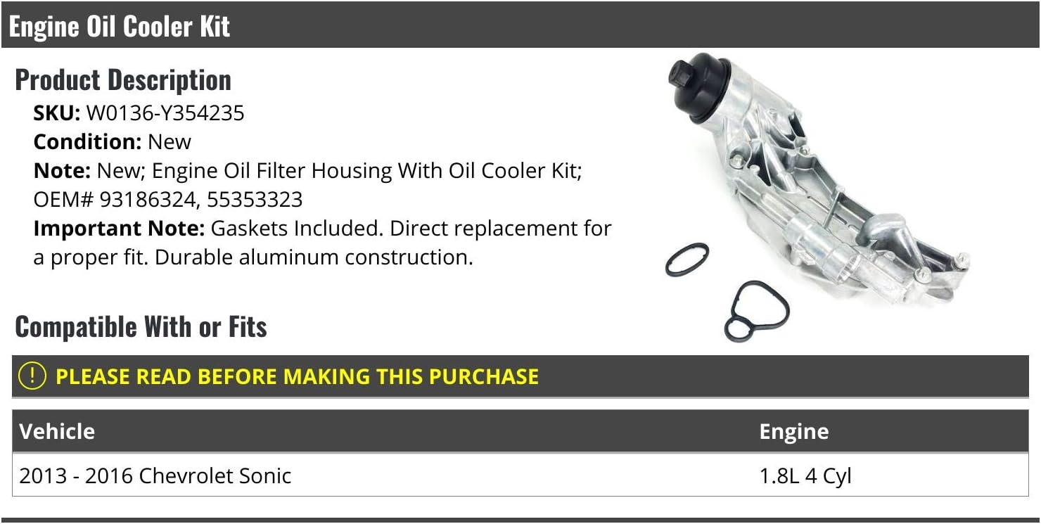 Engine Oil Cooler Kit with Gaskets - Compatible with 2013-2016 Chevy Sonic 1.8L 4-Cylinder
