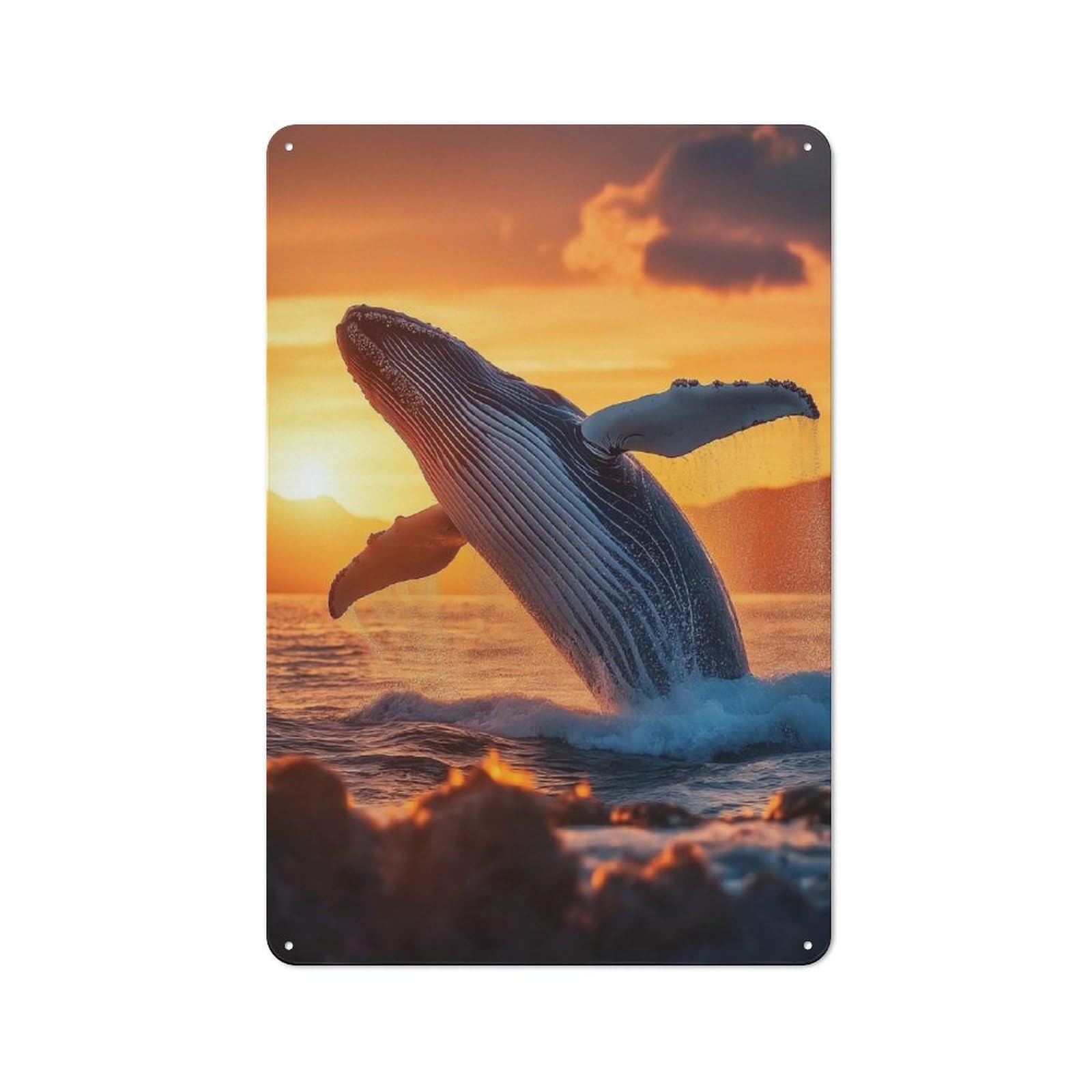 Junmoney Humpback Whale Sunset Leap In Ocean Vintage Metal Wall Sign 30X20cm For Hobby Room Or Studio, For Hobby Room Decor Fans