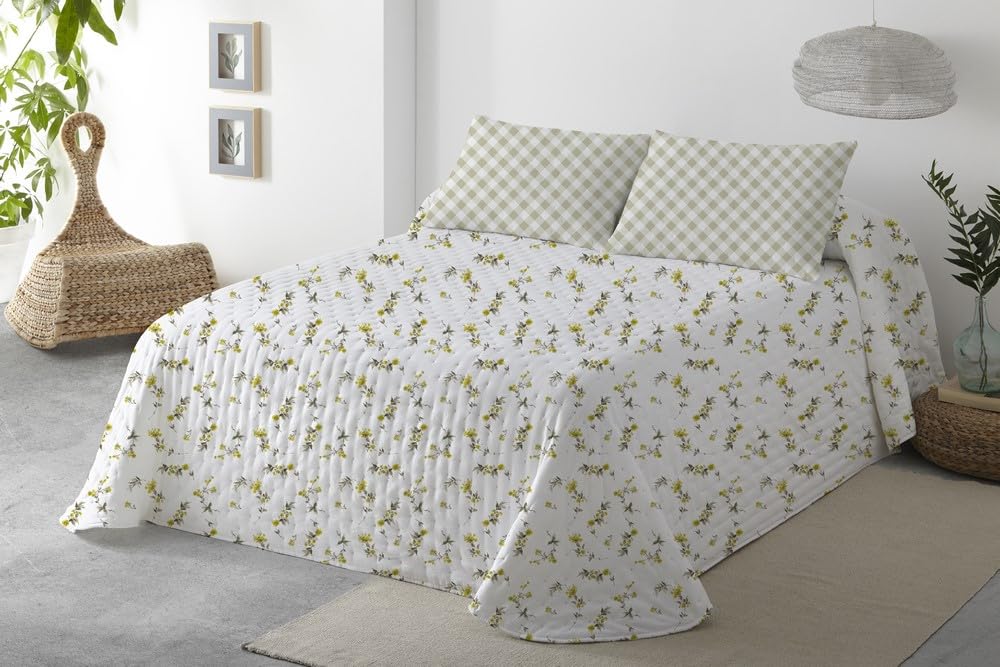 BOHEME | Colcha Estampada Reversible Flores Amarillo para Cama de 180 | Ligera, Transpirable y de Secado Rápido | 270x270 cm | Ideal para Entretiempo