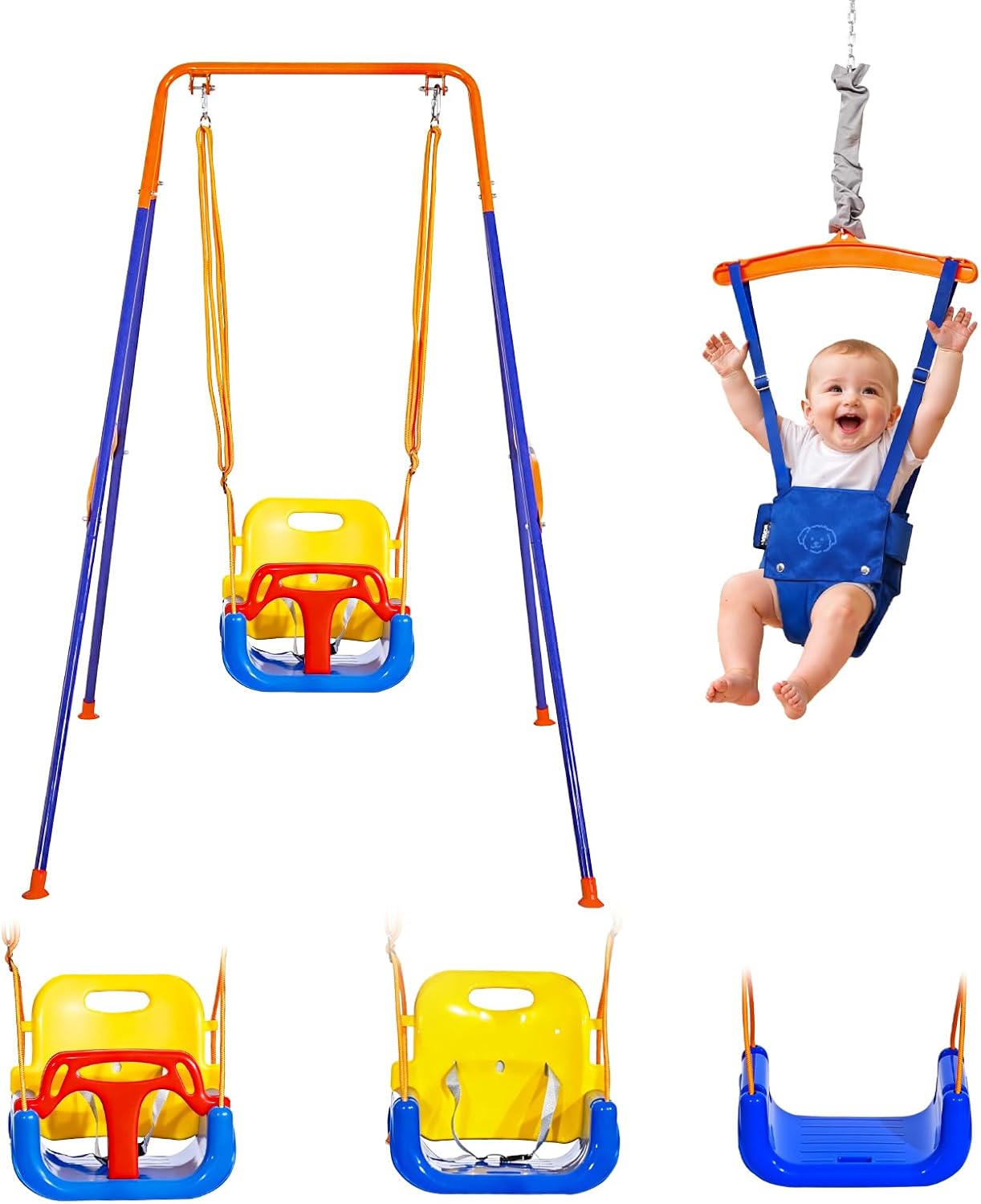 VEVOR Toddler Swing and Jumper, 2 in 1 Swing Set and Bouncer, Thick Plastic Seat with Foldable A-Frame Metal Stand, Reinforced with 4 Sandbags, Easy to Install and Store, for Indoor or Outdoor Play