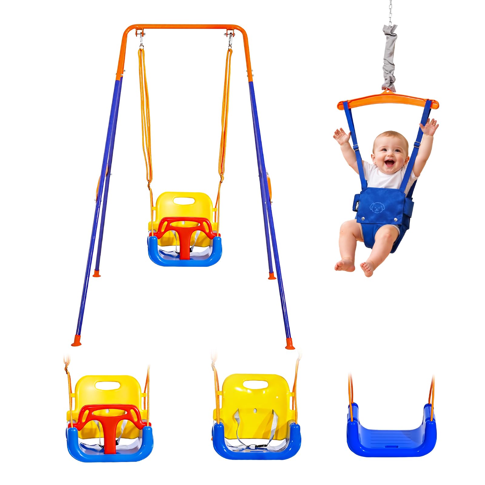 VEVOR Toddler Swing and Jumper, 2 in 1 Swing Set and Bouncer, Thick Plastic Seat with Foldable A-Frame Metal Stand, Reinforced with 4 Sandbags, Easy