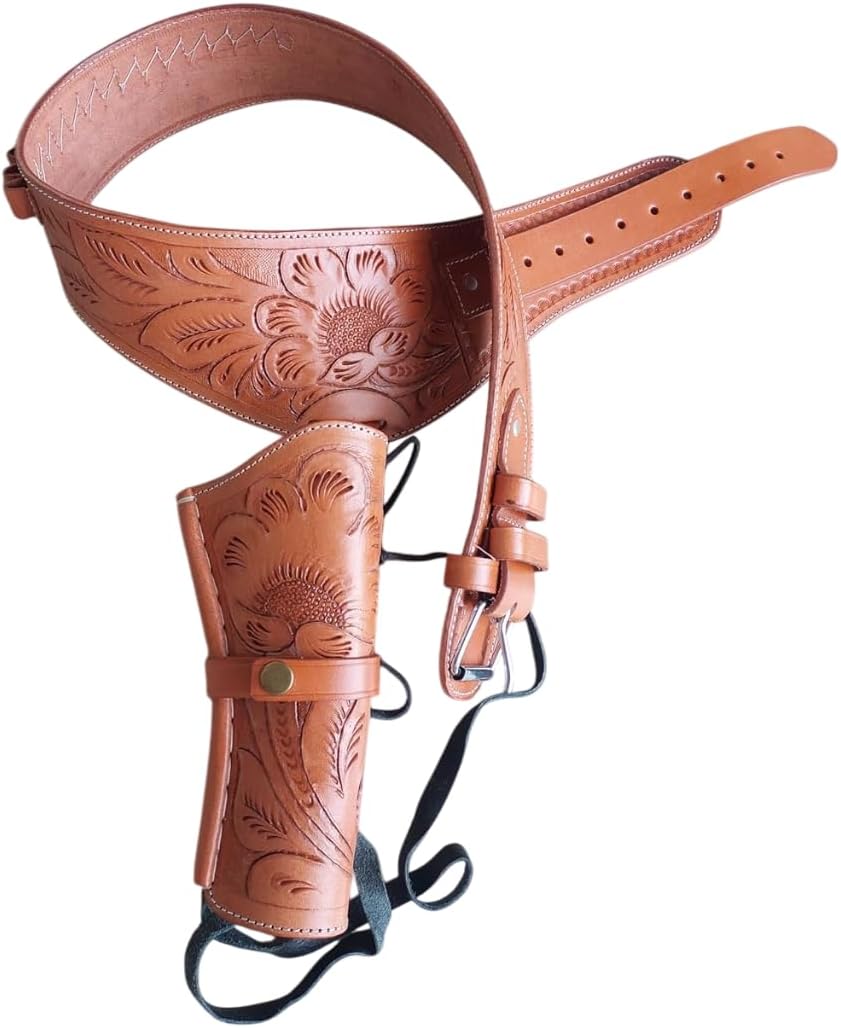 Western Gun Belt and Holster – Hand Tooled Full Grain Leather, Right-Hand Draw – Fits 4” to 6.5” Revolver Barrels – Cowboy Style Belt- Fit for .38/357 Cal
