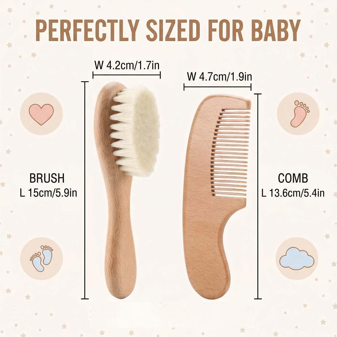 2 Pezzi Spazzole Neonato per Capelli e Serie di Pettini per Neonati - Spazzole in Legno Naturale con Setole di Capra Morbide - Regalo Perfetto per la Doccia per il Bambino