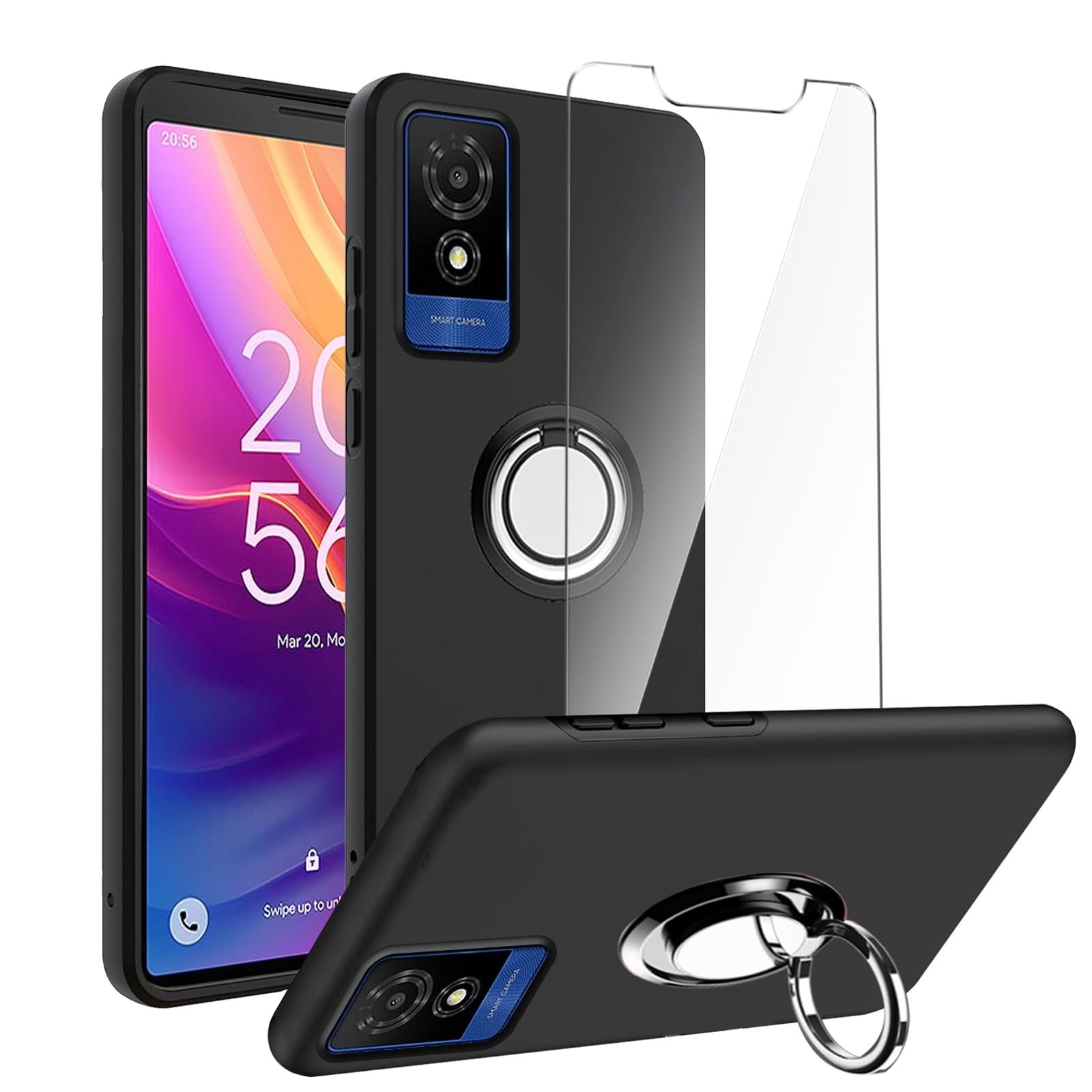LYZXMY Case for TCL 501 (6.0") Black phone case + 360° Rotating Ring Stand+ 1 pcs tempered Glass Screen Protector.