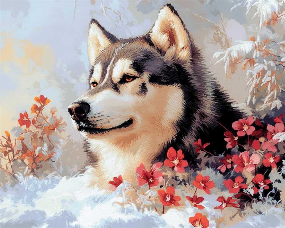 Henypt Cross Stitch Kits for Adults Pre Printed, Alaskan Malamute and Flowers in The Snow DIY 11Ct Embroidery Sewing Starter Kit Stamped Needlework Easy Beginners (Stamped Home)