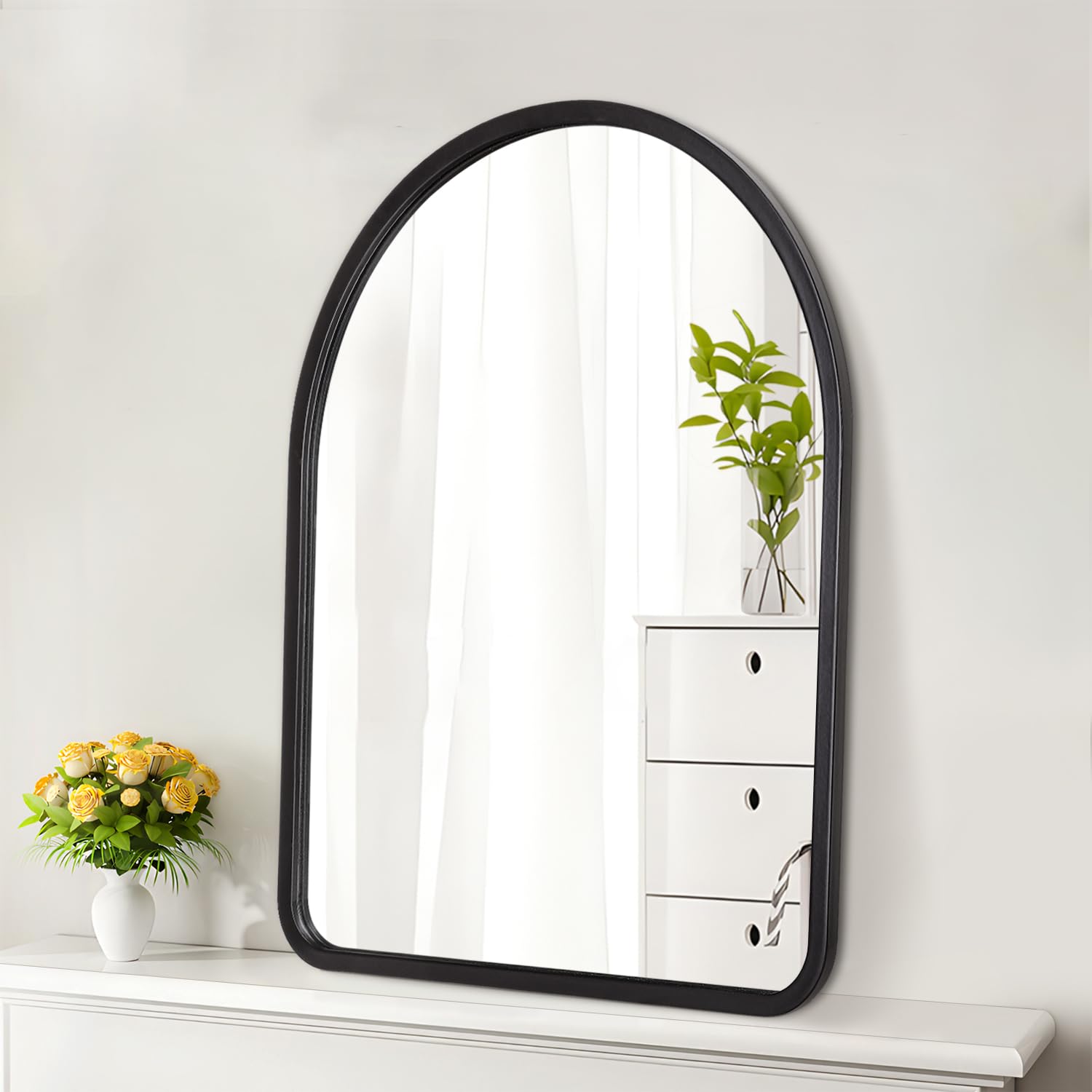 HLFMVWE Black Arch Wall Mirror, Wood Framed Wall Mounted Mirrors, Farmhouse Decorative Vintage Hanging Mirror for Bathroom Living Room Bedroom Hallway 65L x 45W cm