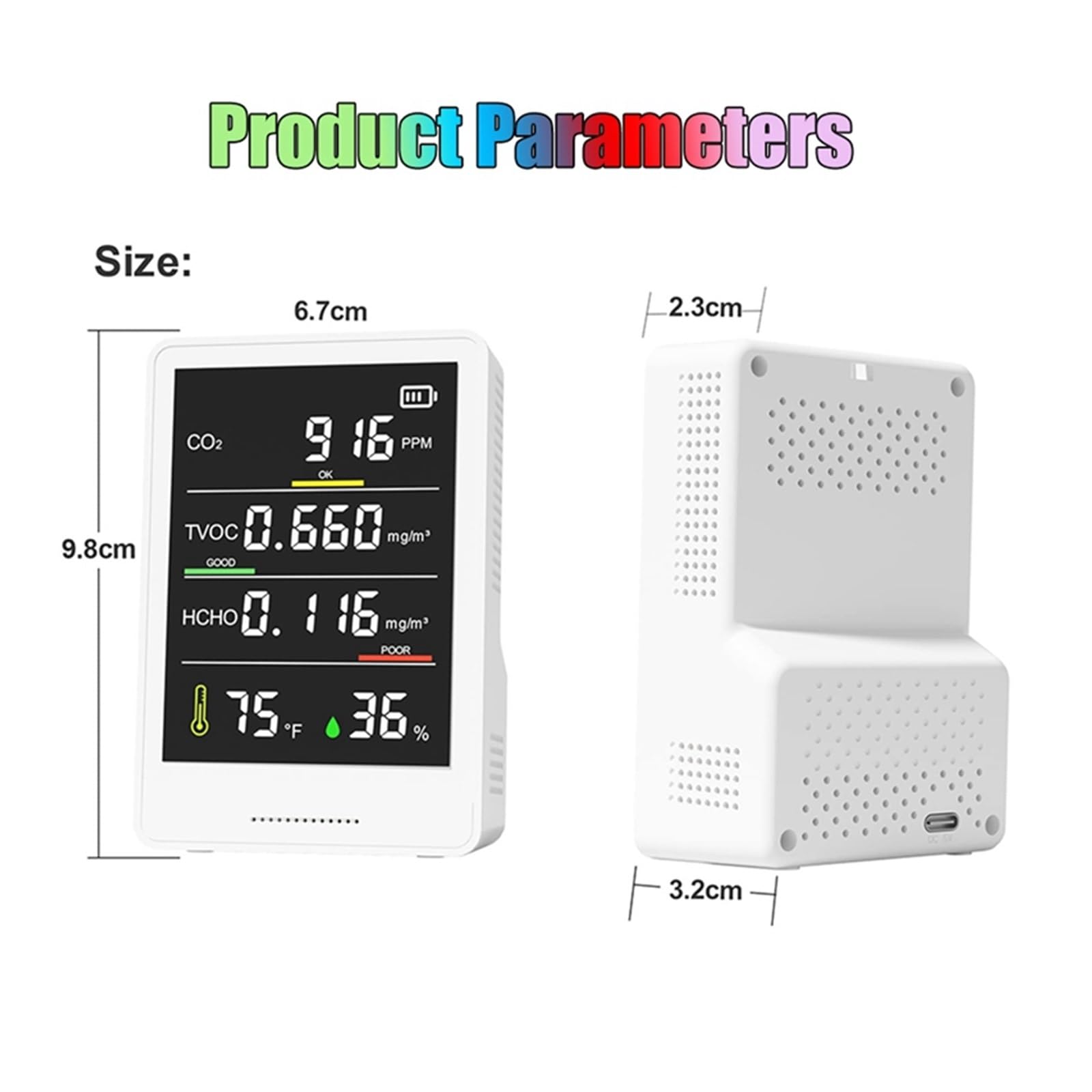 Tester del monitor della qualità dell'aria Rilevatore di CO2, TVOC, HCHO, Contatore particelle umidità e temperatura for auto domestica Per cucina e camper