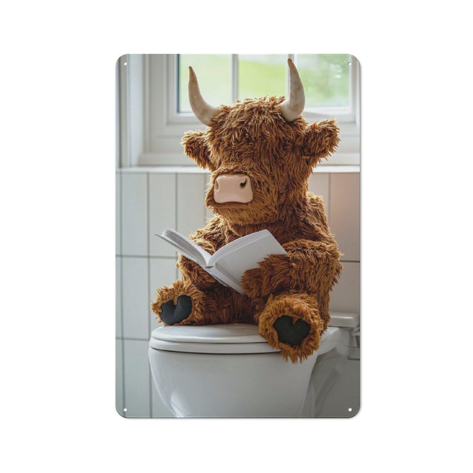 Junmoney Style-5 Highland Cow Plush Reading On Toilet Vintage Metal Plaque 30X20cm For Hobby Room Or Studio, For Kitchen, Dining Room And Home Bar Wall Decor