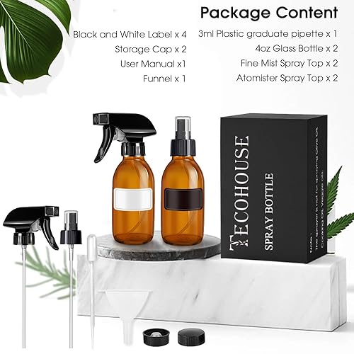 Miniatura 9 de Tecohouse Botellas pulverizadoras de vidrio de 4 onzas, paquete de 2 botellas de spray para cabello vacías recargables rociadores de niebla fina con