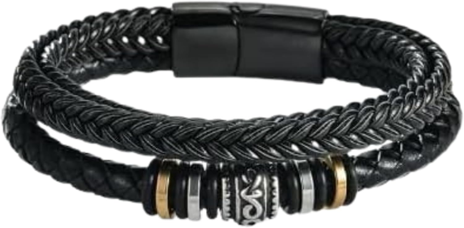 LUXUS™ To My Grandson Bracelet – “Never Forget That I Love You” Sentimental Gift Bracelet from Grandma, Black Leather Men’s Cuff with Message Card.