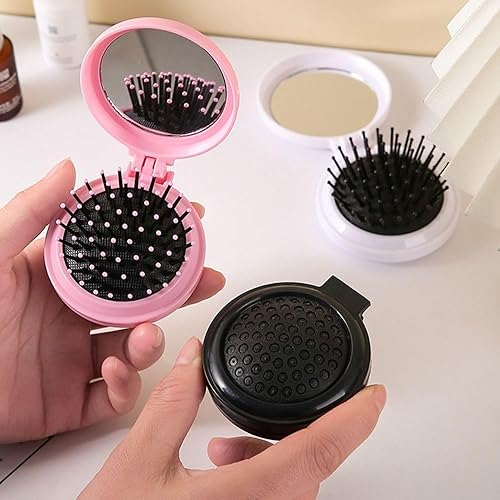 2 cepillos de pelo plegables de viaje con espejo, cepillo de pelo redondo portátil plegable de bolsillo, mini masaje de cabello, espejo compacto con