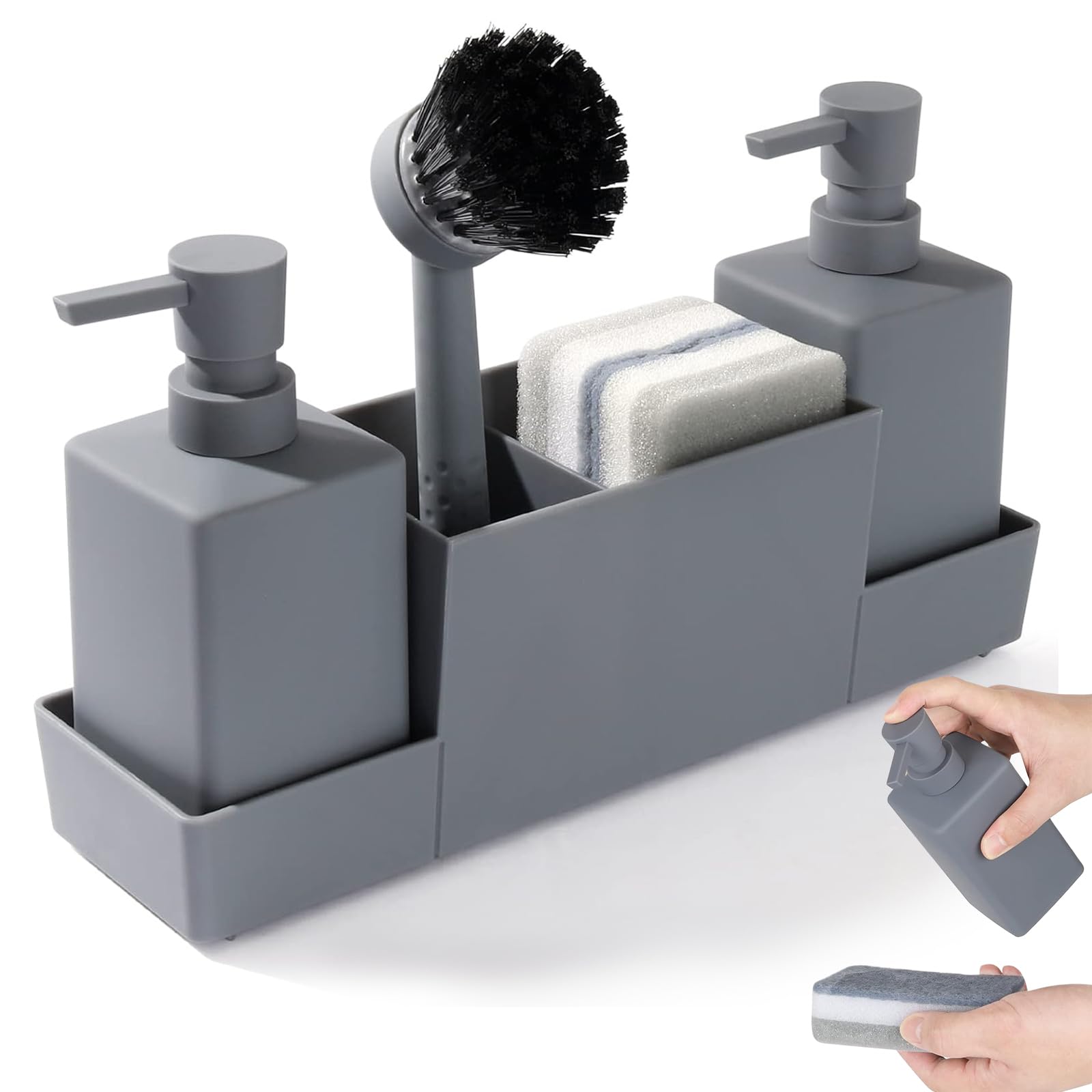 Xoeryoy Kitchen Soap Dispenser Set, Soap Dispenser with 2 Sponges, 1 Brush ＆ Drainage Holder Gray Hand and Dish Set for Kitchen Sink, Bathroom