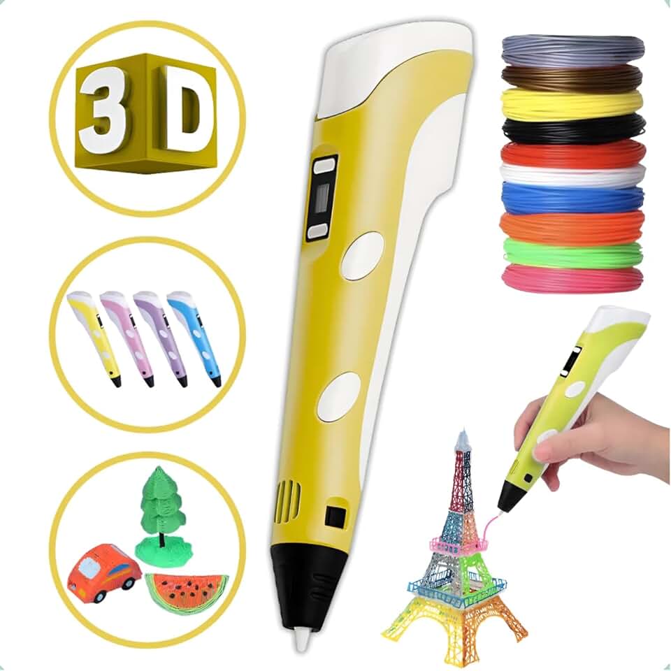 Caneta Impressora 3D USB Bivolt com Controle de Temperatura, Display LCD e Filamentos ABS/PLA - Kit Completo para Crianças e DIY Criativo (Amarelo)