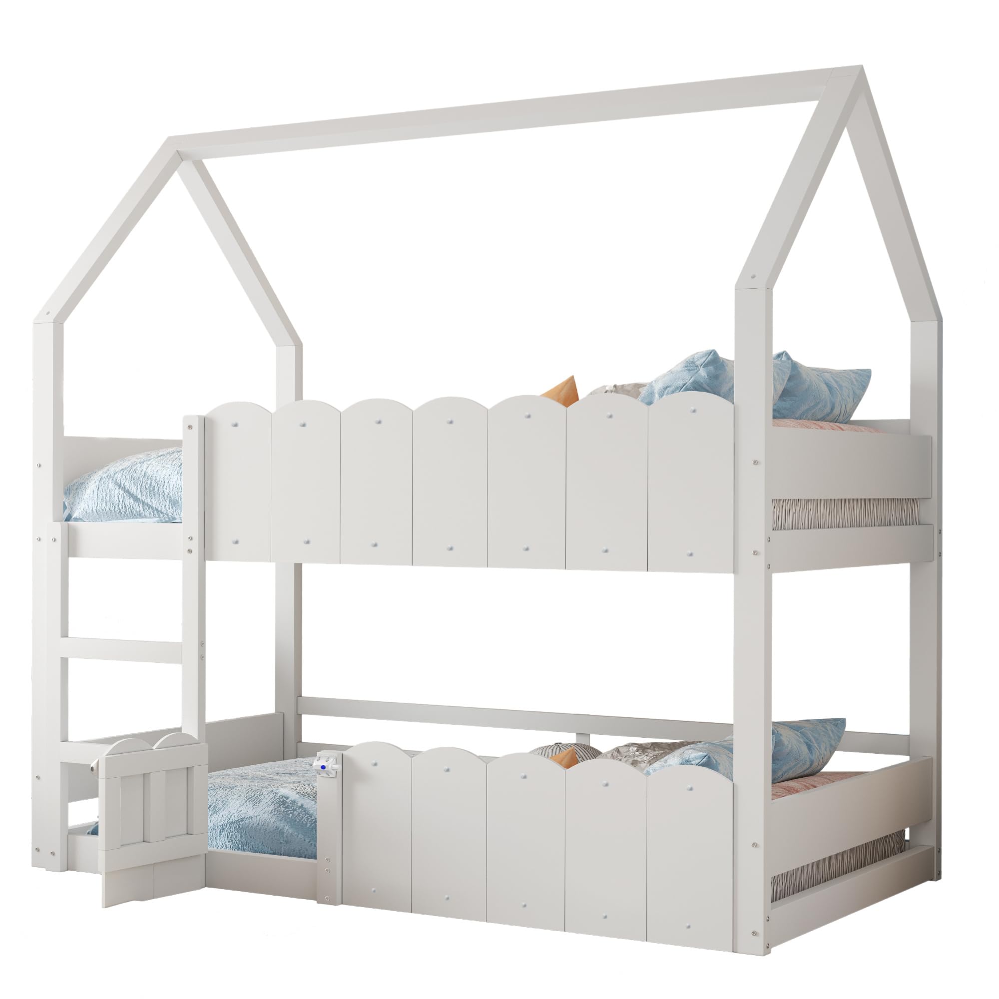 Kinder-Etagenbett 90 * 200 cm, Hausförmiges Design mit erhöhten Sicherheitsgeländern. Das Obere Bett verfügt über Einen Lattenrost. Geeignet für Jungen und Mädchen Weiß