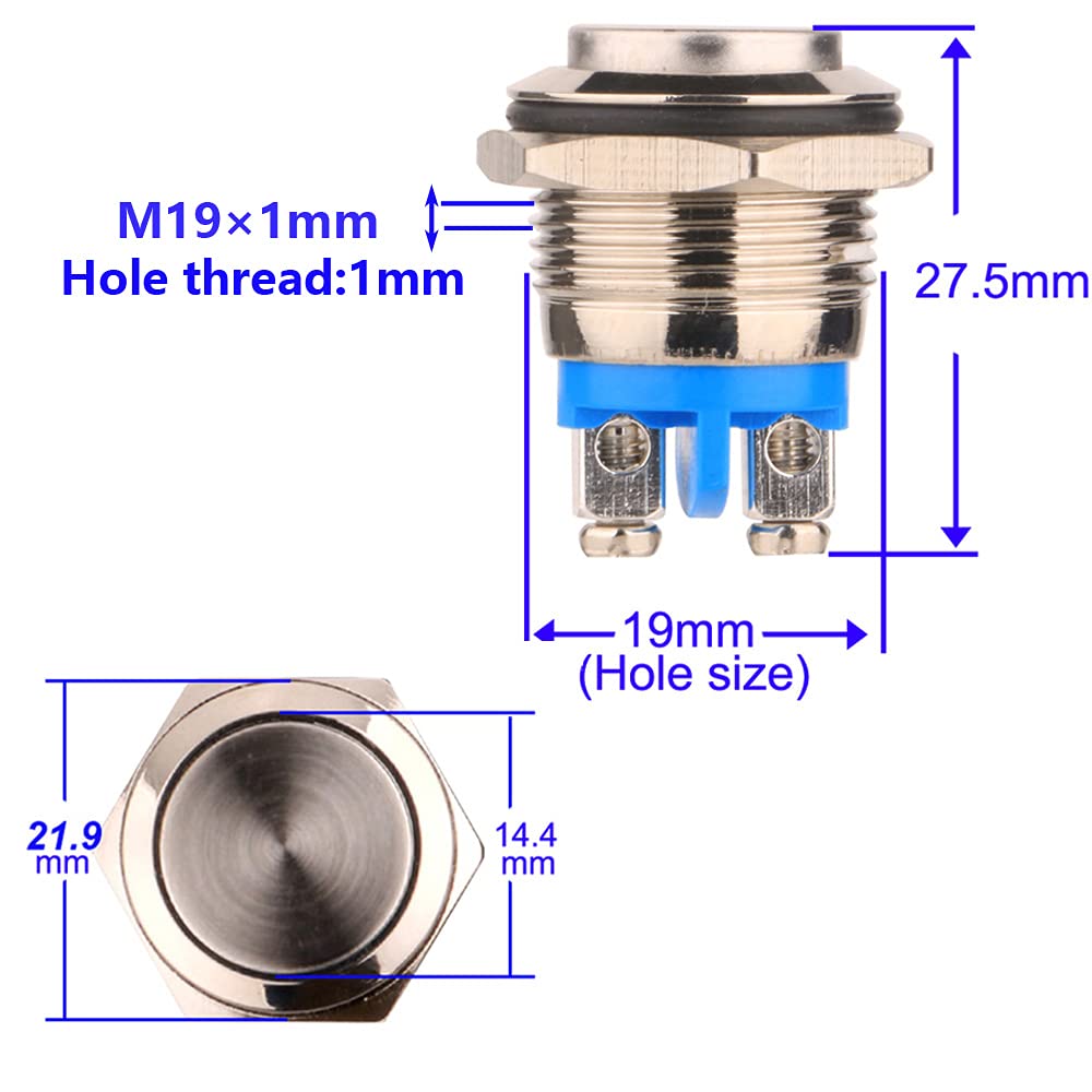 GUUZI 5pcs Pulsadores Momentáneos Impermeables de 22mm 5A 12V/24V/125V/250VAC con Terminales de Tornillo, Pulsador de Acero Inoxidable (Cabeza Alta)