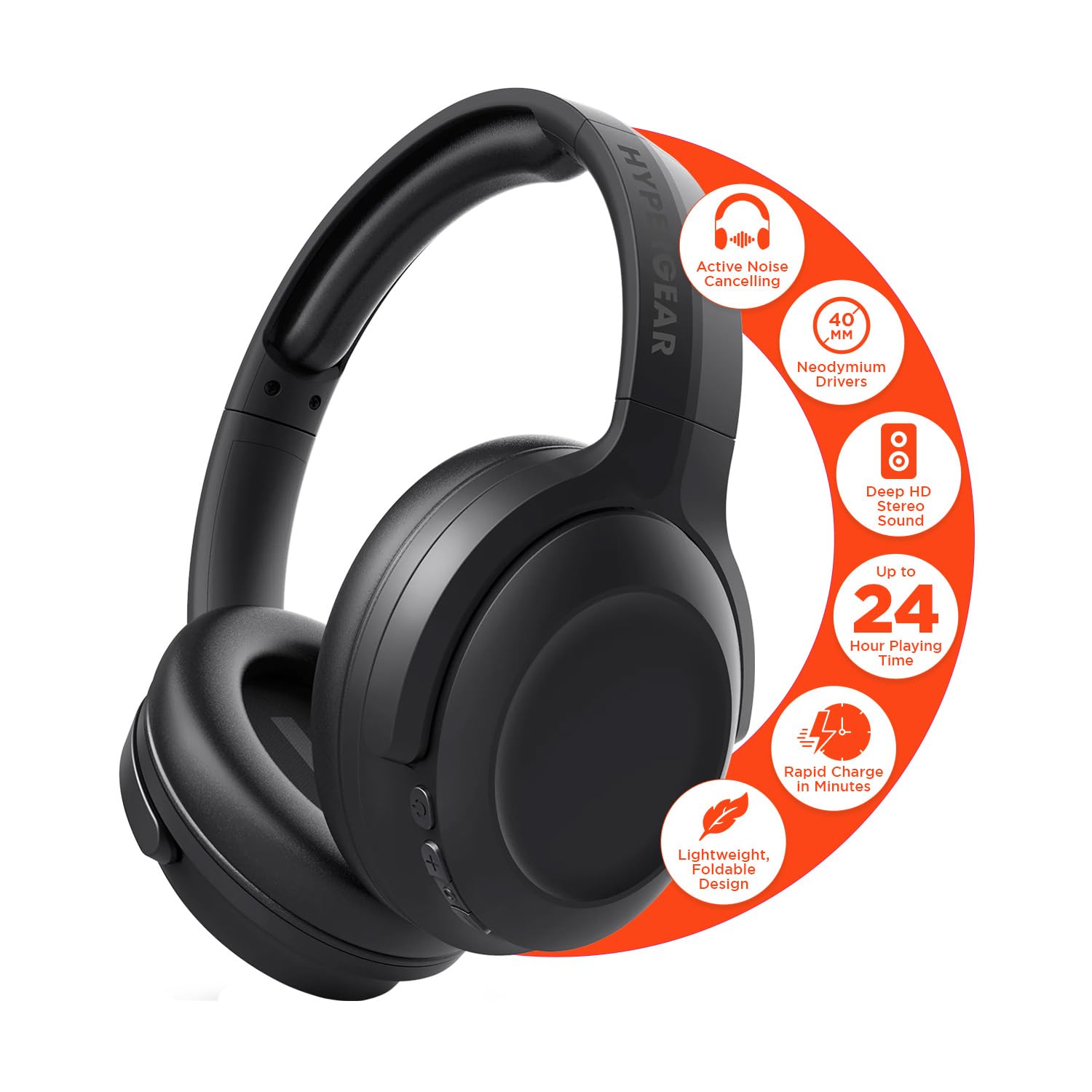 HyperGear Headphones Wireless - Black Active Noise Cancelling Headphones Over Ear Bluetooth HD Audio Deep Bass Dual Noise Canceling Mics ANC Gym Headphone Wireless Over Ear Sound Cancelling Foldable