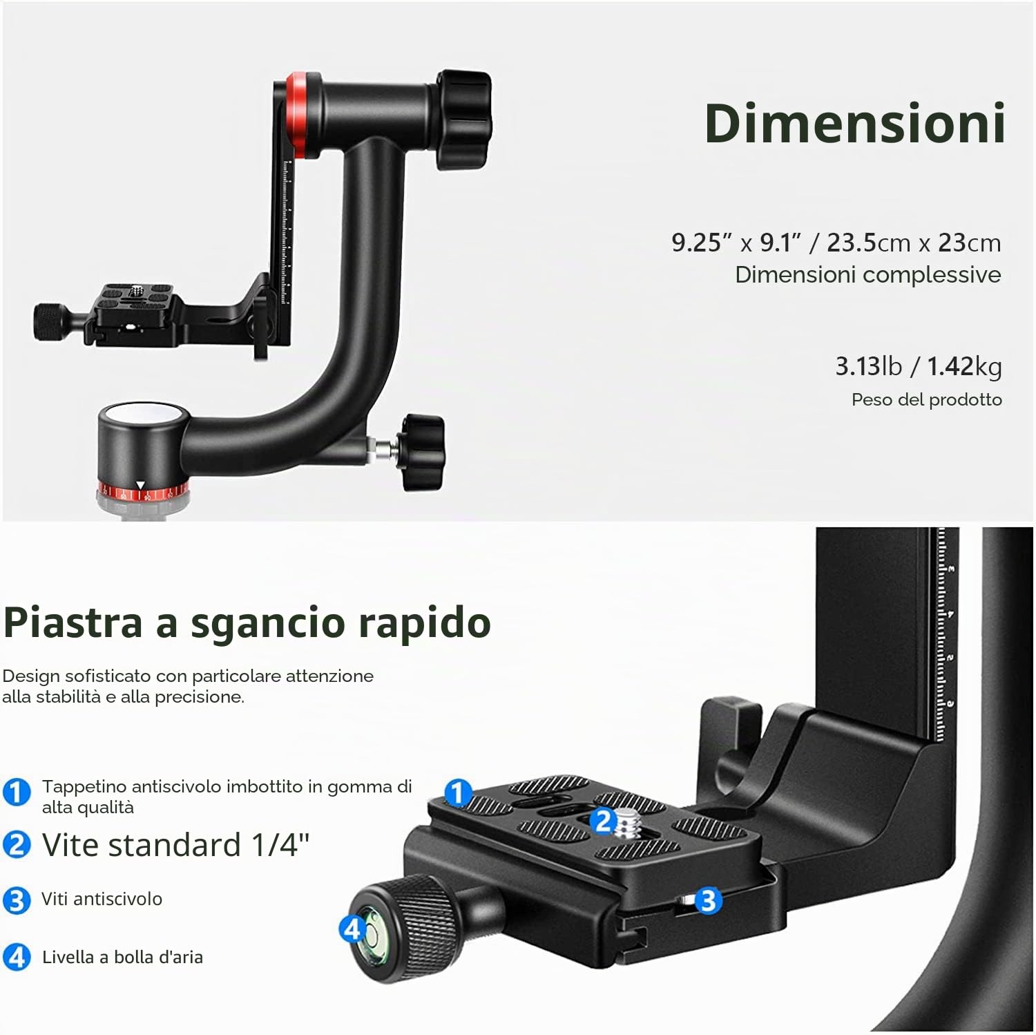 NEEWER Gimbal Testa Treppiede professionale in lega di alluminio ad alte prestazioni con piastra a sgancio rapido Arca, GM101 supporta riprese panoramiche a 360 gradi più fluide per fotocamere DSLR