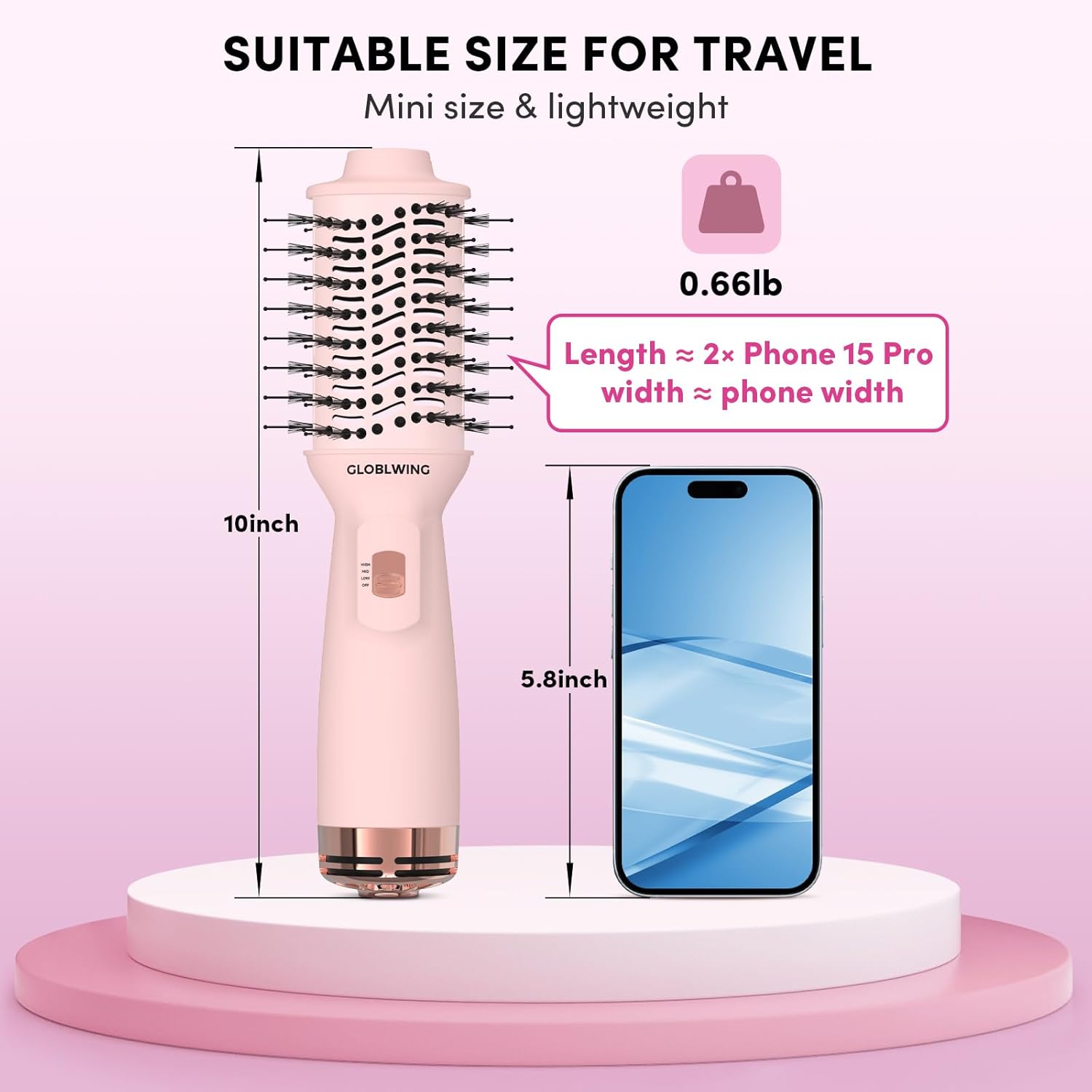 Automatic Dual Voltage Travel Hair Dryer Brush Compact Mini Hot Air Brush with European Plug One Step Blow Dryer and Styler for Women, Oval Barrel 3 Heat & 2 Speed Settings - Image 3