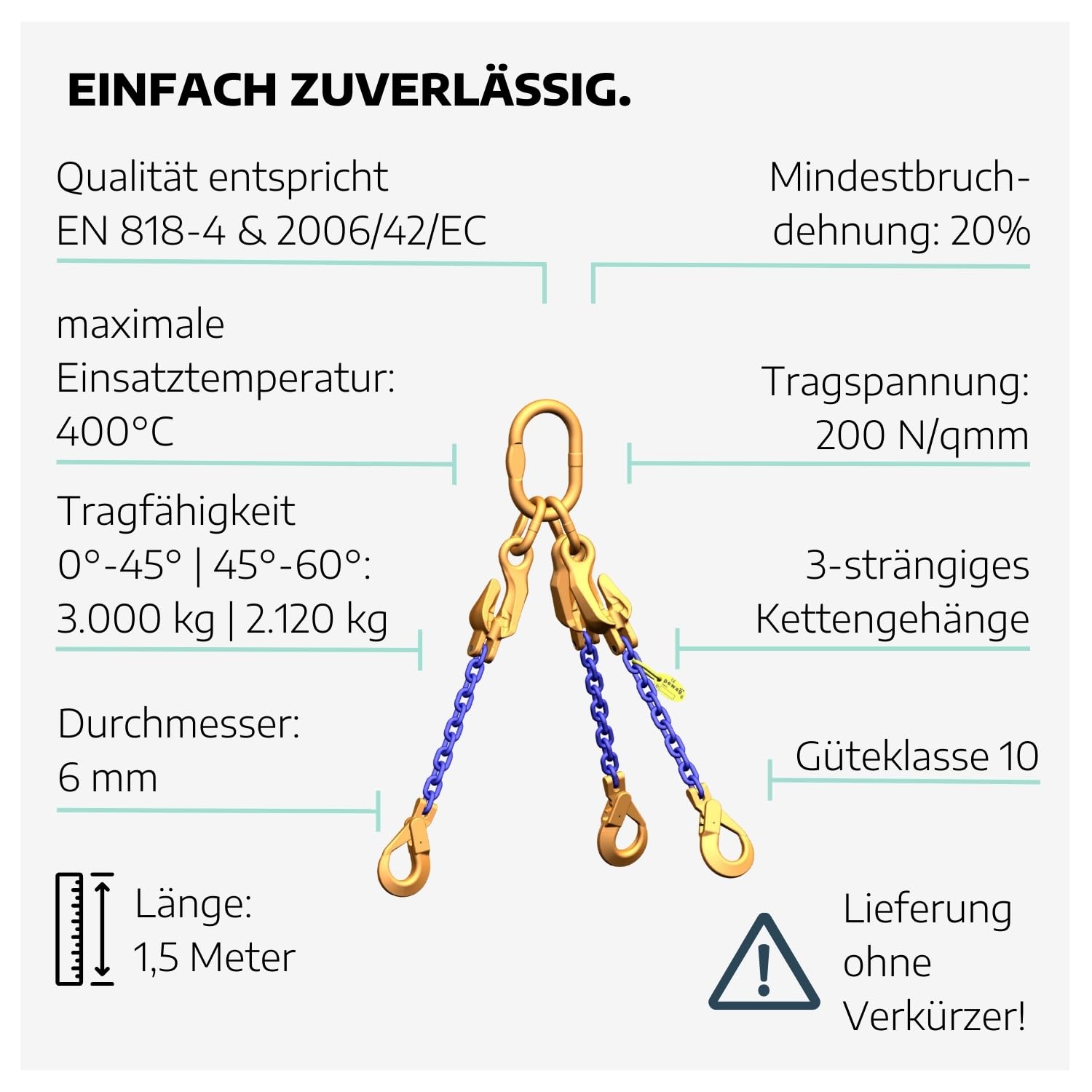 Dreistrang-Kettengehänge 6 mm GK 10 I 1,5 m Lange Anschlagkette Baustelle I Bagger-Zubehör I Traglast 3000kg (0°-45°) & 2120kg (45°-60°) nach EN818-4 I Kettengehänge 3-Strang