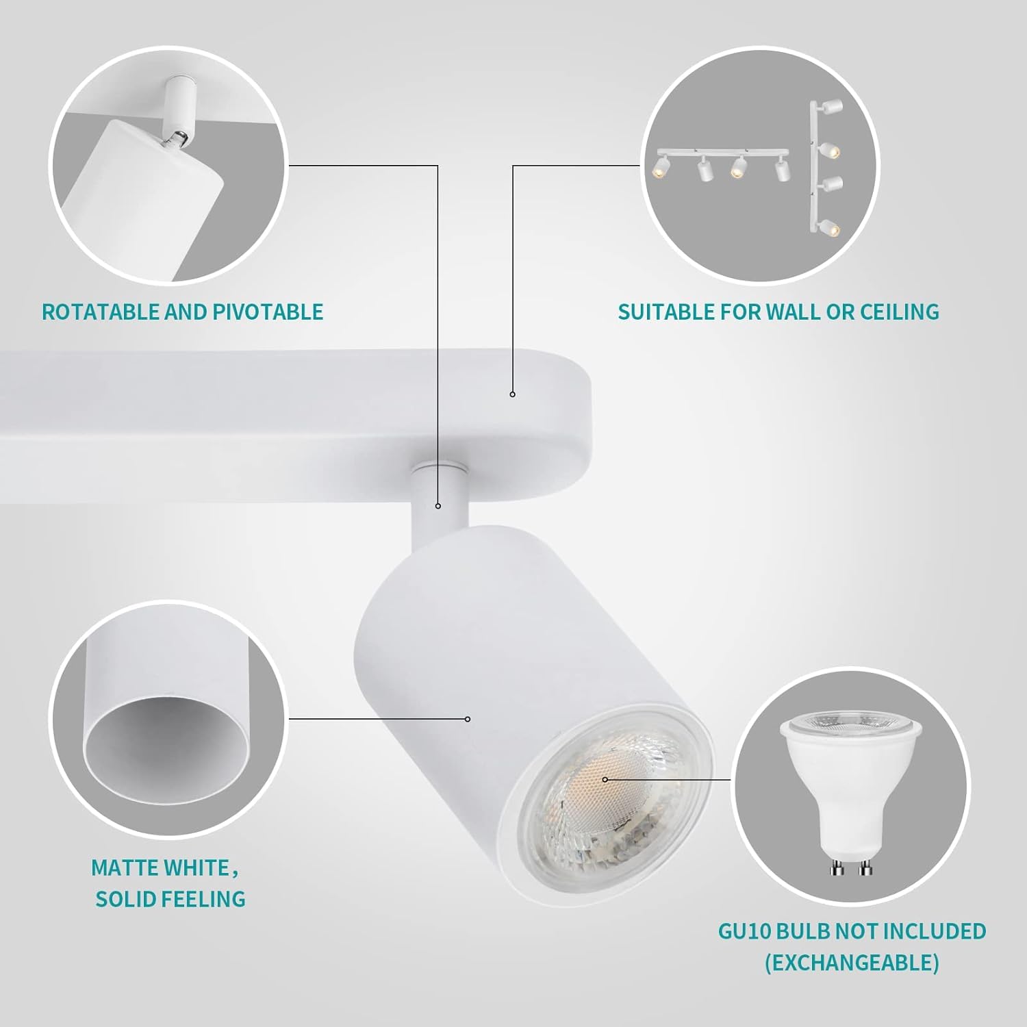 wowatt Plafoniera a LED 4 faretti orientabili GU10, 4 faretti girevoli, plafoniera da cucina, illuminazione da soffitto, lampada da soffitto, lampada da parete, lampada a LED, bianco per cucina,