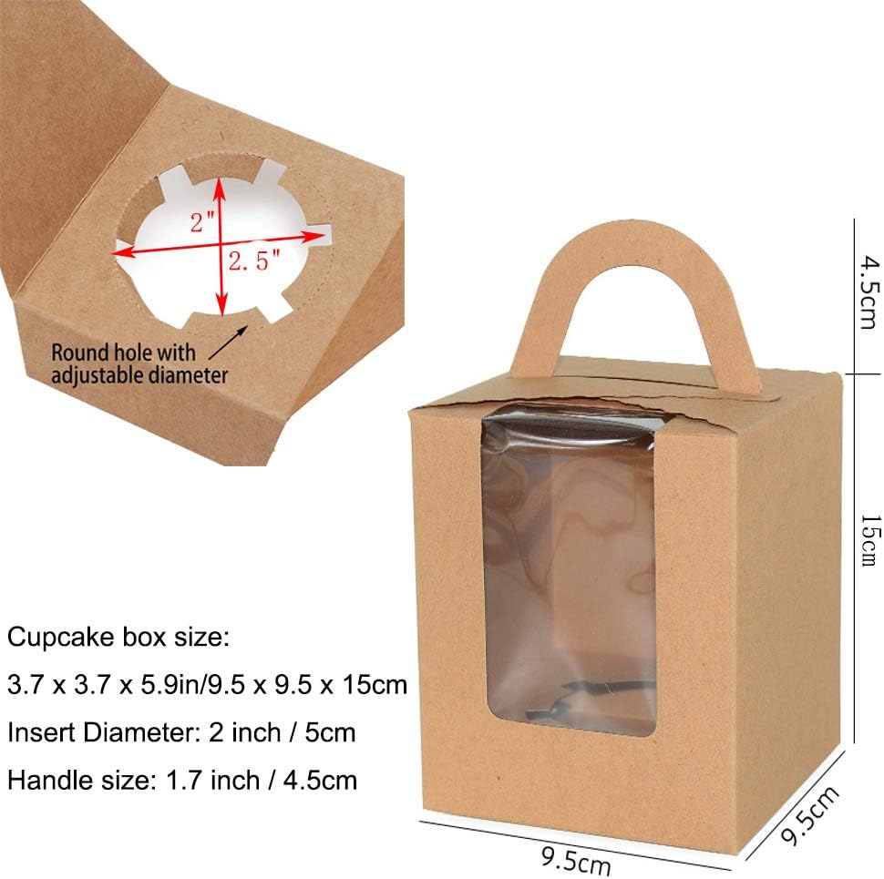 Sohapy Single Cupcakes Box Pastry Containers Cupcake Carriers Gift Boxes with Clear Window Inserts Handle for Baby Shower Wedding Candy Boxes (Brown, 50)