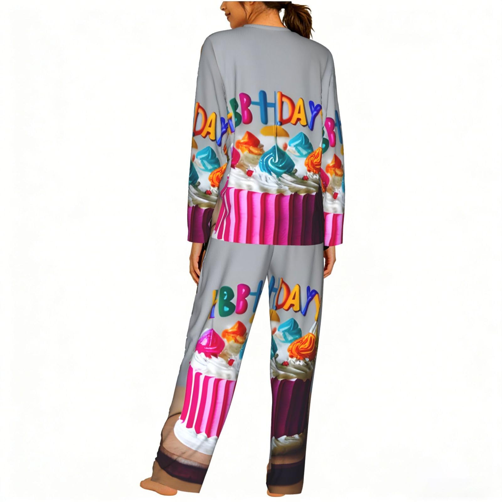 Happy Birthday Cake Stampa Donne Manica Lunga Pigiama Abbinamento Quotidiano Confortevole Loungewear Abiti Da Notte