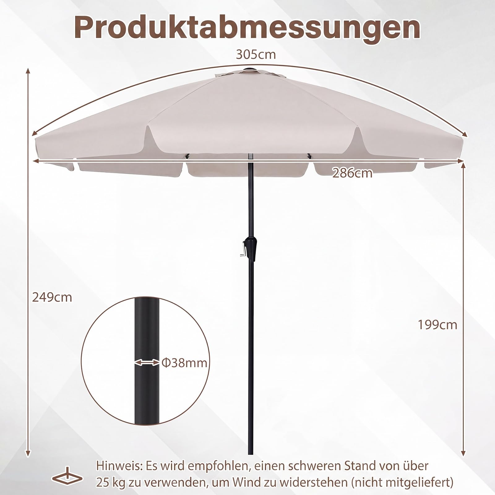COSTWAY Sonnenschirm 300 cm, Gartenschirm mit Volant & Kurbel, beidseitig um 30° knickbar, Balkonschirm mit 8 Glasfaser-Rippen, Terrassenschirm, Marktschirm für Garten, Balkon, Terrasse (Beige)