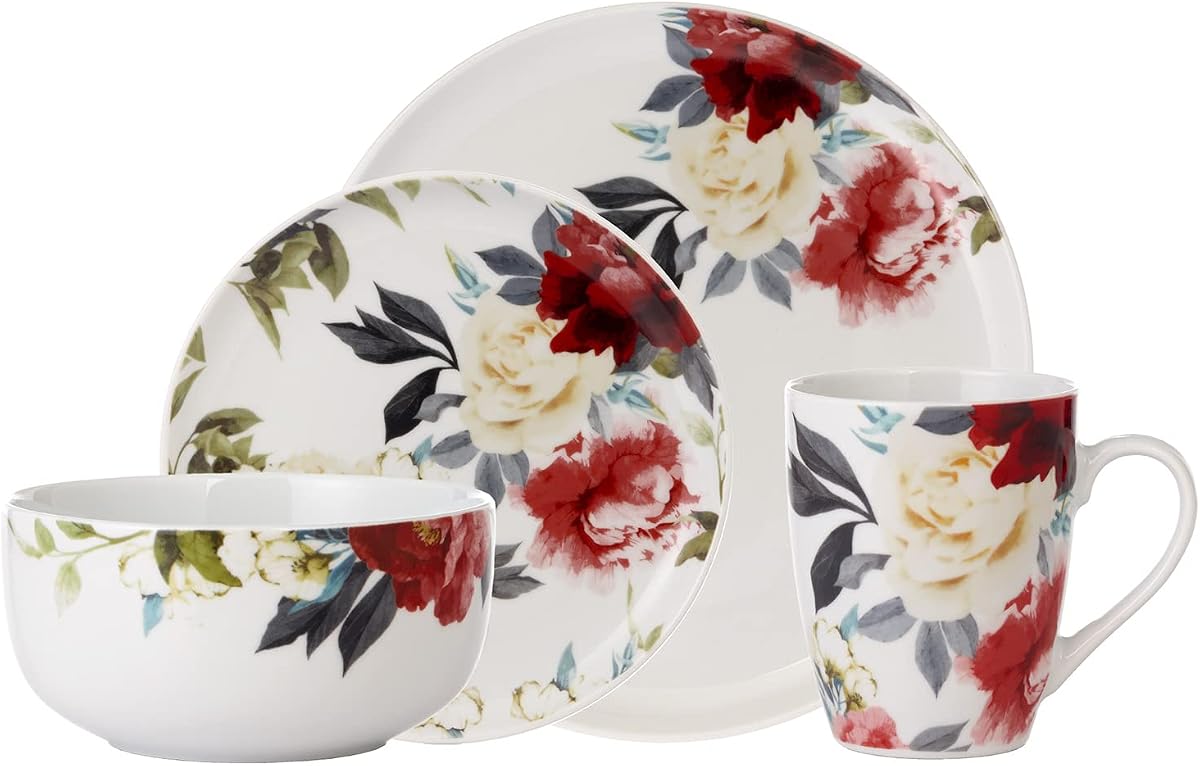 Safdie & Co. Rose Garden 16 Piece Dinnerware Set, Service for 4, Fiesta Dinnerware, plates and bowls sets, network essentials, Porcelain dinner plates, Multicolor, 16" L x 12" W x 15" H