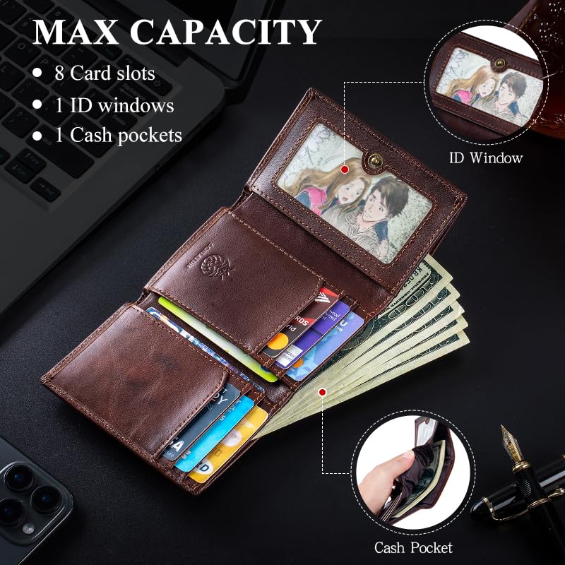 Image of Trifold Wallets for Men RFID Blocking Full Grain Leather Short Mens Wallet with Snap Closure, 8 Card Slots, Clear ID Window, Coffee