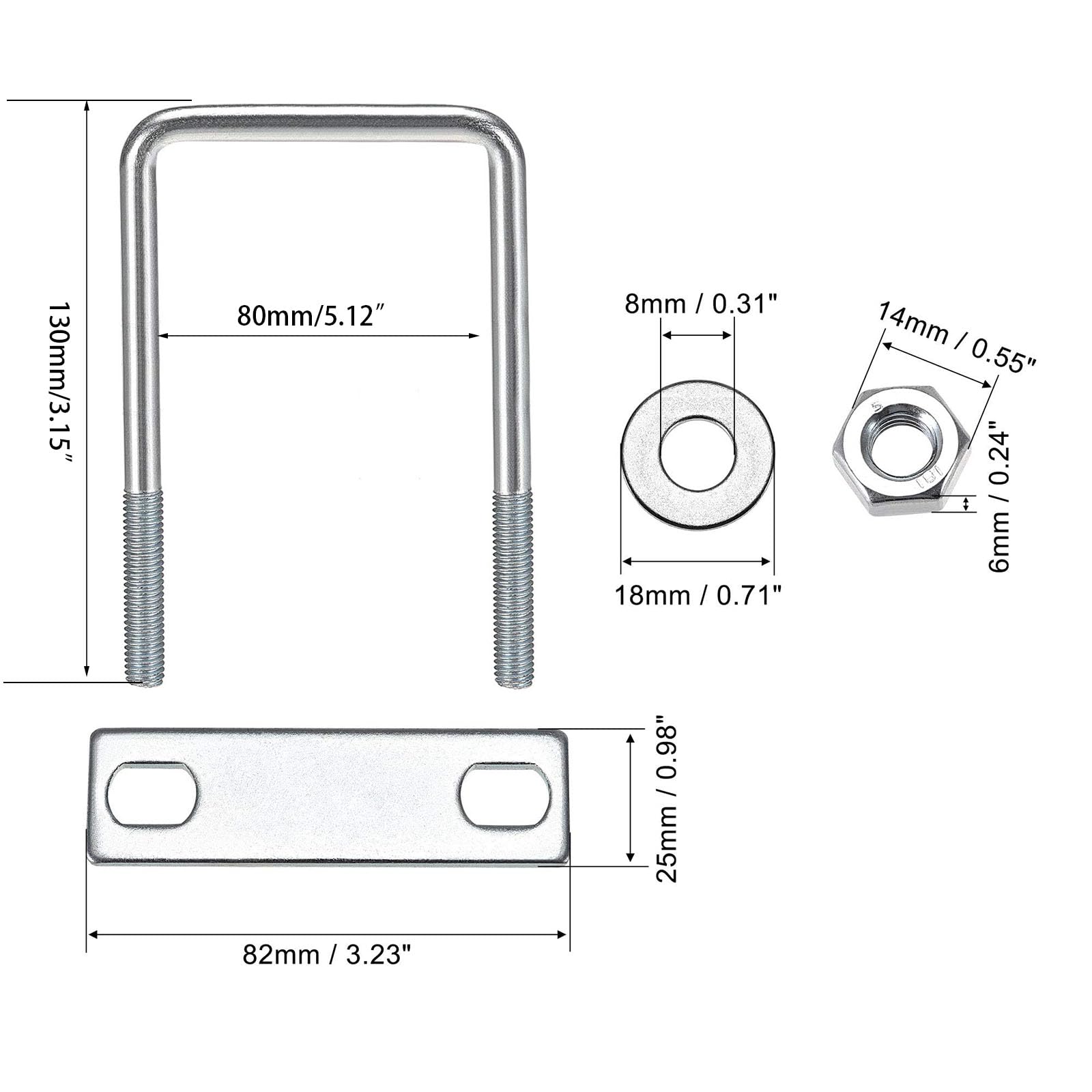TA-VIGOR M8 Square U-Bolts, 50mm Inner Width 130mm Length Steel U-Bolts with Nut, Plate - Image 2
