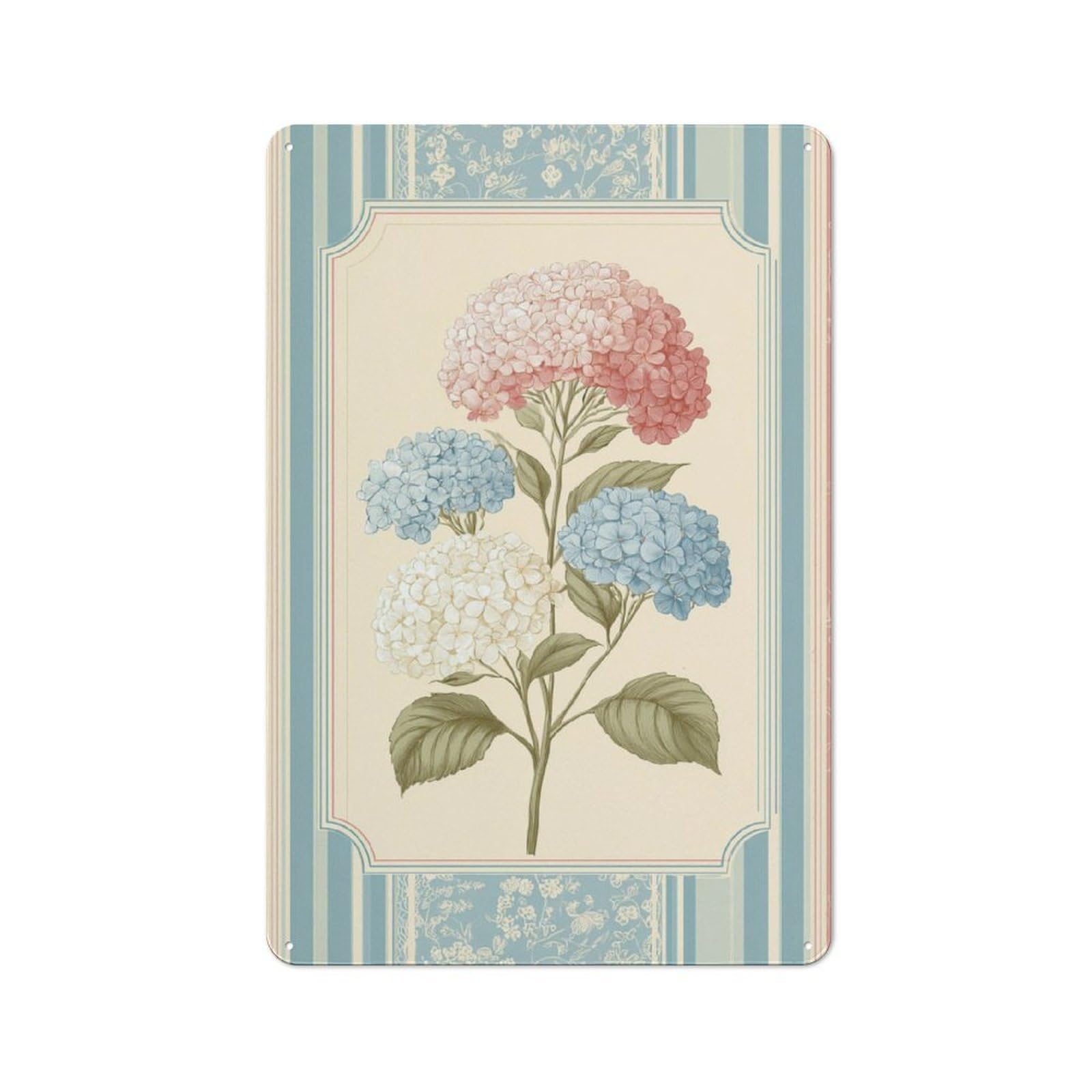 Jubonexis Vintage Blue Pink Hydrangea Botanical Folk Art Tin Metal Signs Wall Art Decorations for Bar Pub Club Cafe Room Farmhouse White 30x20cm