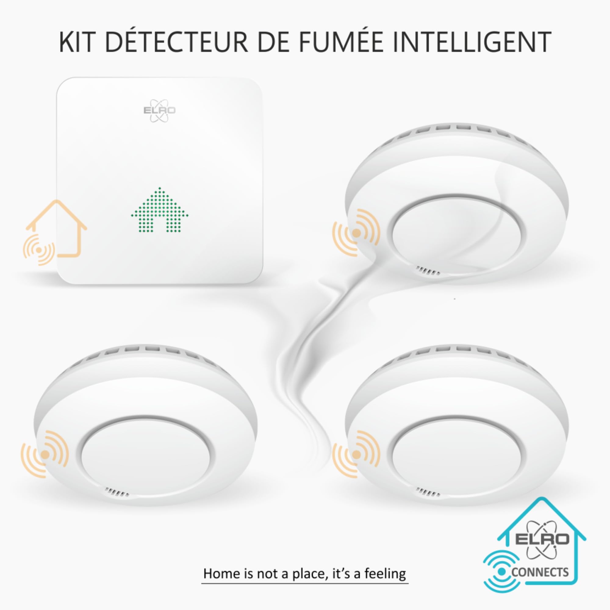 ELRO Connects SF500S Kit détecteur de fumée – Kit Complet avec connecteur K2 + 3 détecteurs de fumée sans Fil – Avertissement par Smartphone – Conforme à la Norme EN14604