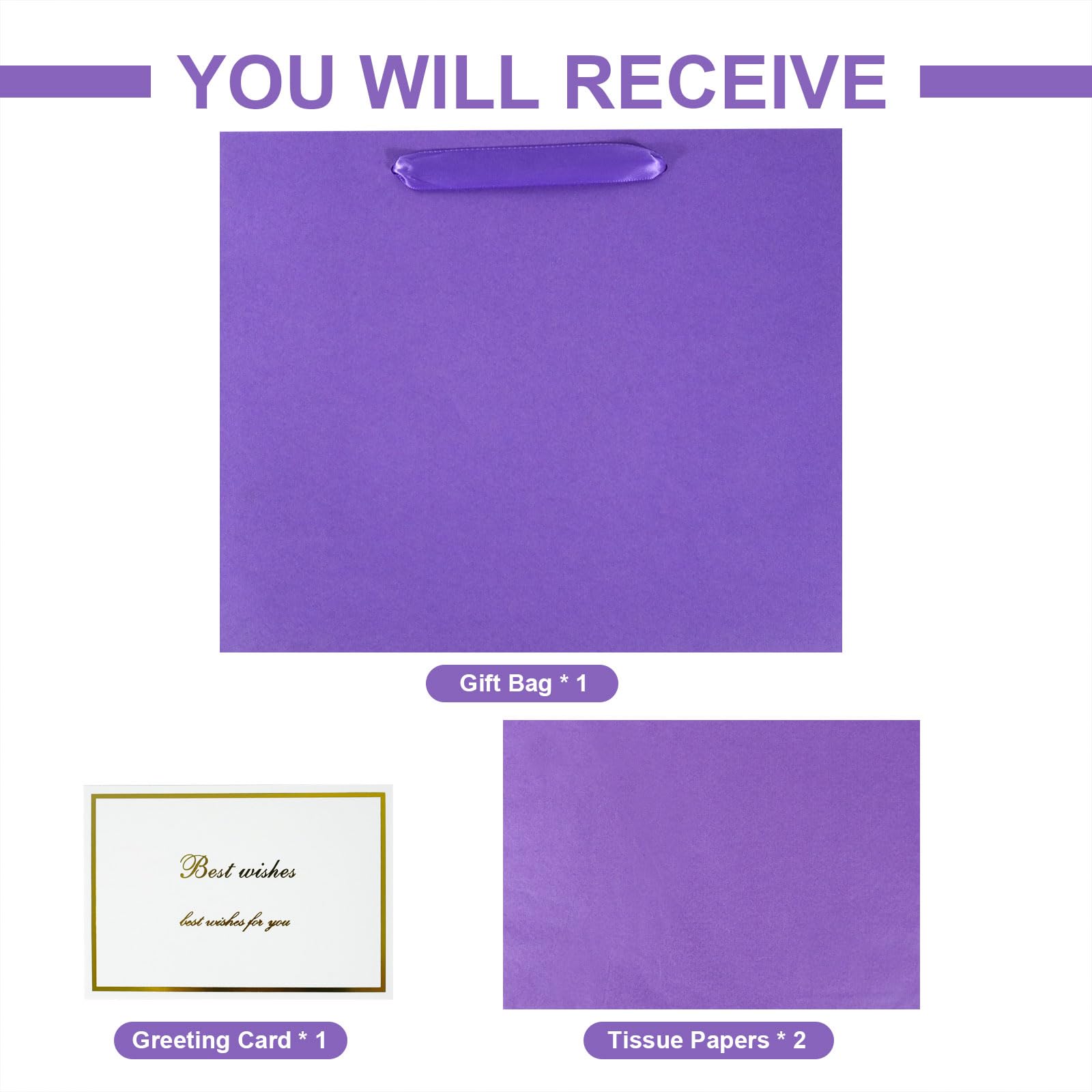 Elegant Purple Gift Bag 11.8"x4.5"x9.8" with Ribbon Handles, Includes Card and Tissue Papers, Perfect for Birthdays, Weddings, Parties, Holidays, Baby Shower