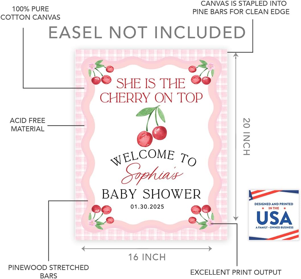 Andaz Press Personalized She's The Cherry on Top Baby Shower Decorations, Custom Pink Gingham Cherry Themed Party Decorations Baby Shower Welcome Sign Decor, 16x20 Inch