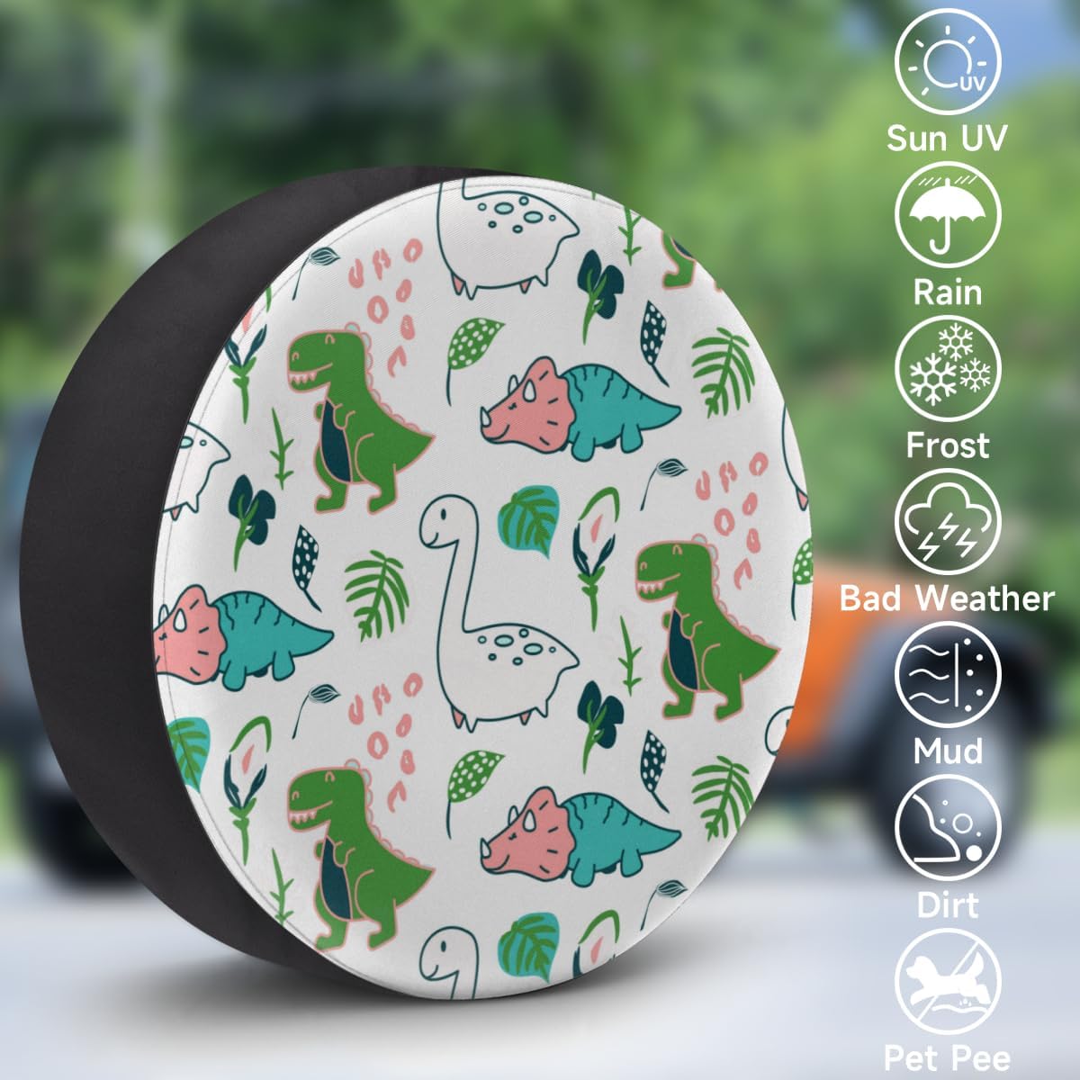 Clever Cartoon Dinosaurs Tire Covers Portable Spare Tire Cover Soft Durable Waterproof Dustproof 3 Sizes 14 15 16 Inches for Car Truck SUV Trailer Camper
