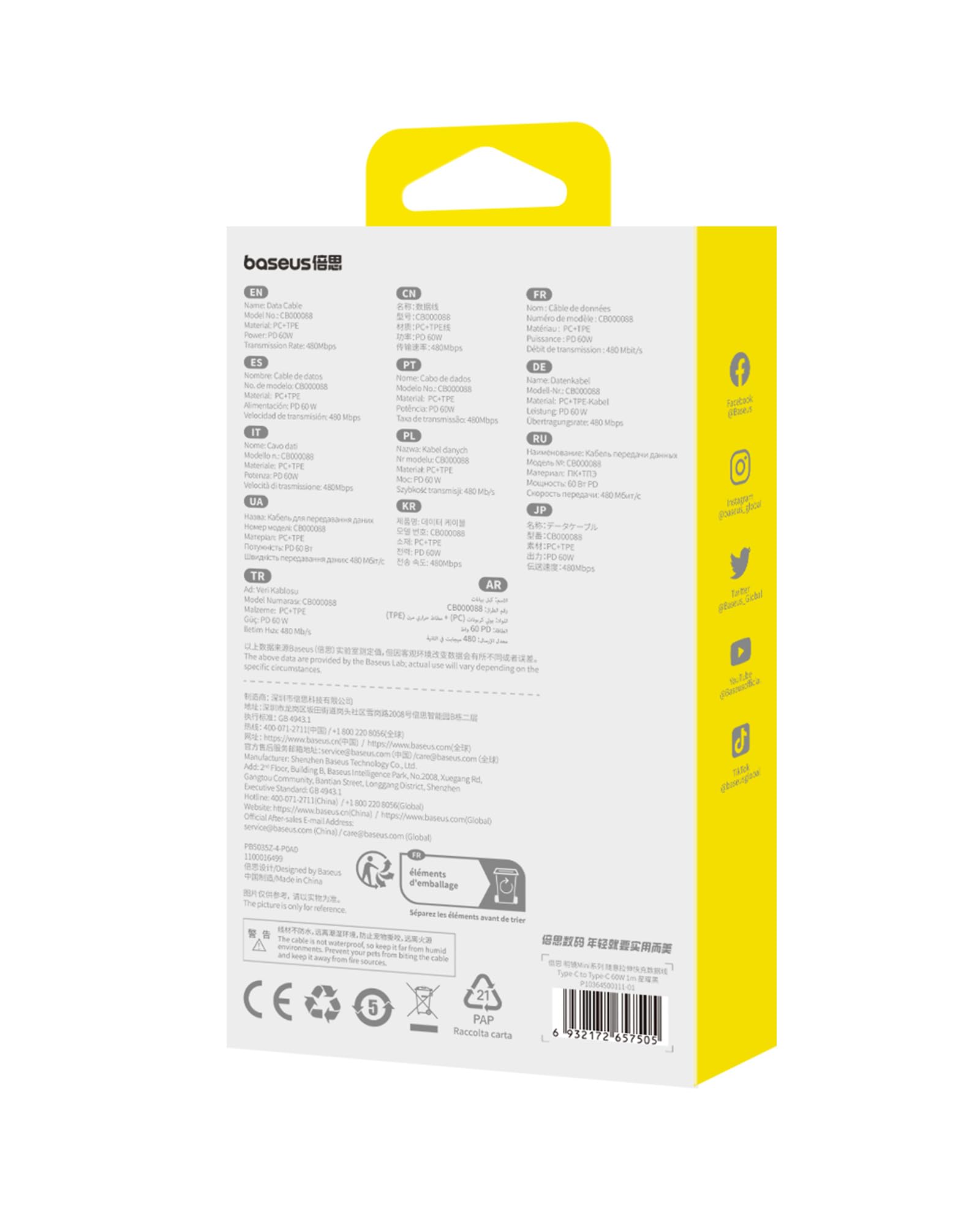 Baseus Zwijany kabel USB C na USB C, 60 W, 1 m, mini, zwijany, do iPhone'a 17, 16, 15, 14 Pro, Galaxy S25, S24 Ultra, MacBook, iPad Pro, przenośny, czarny
