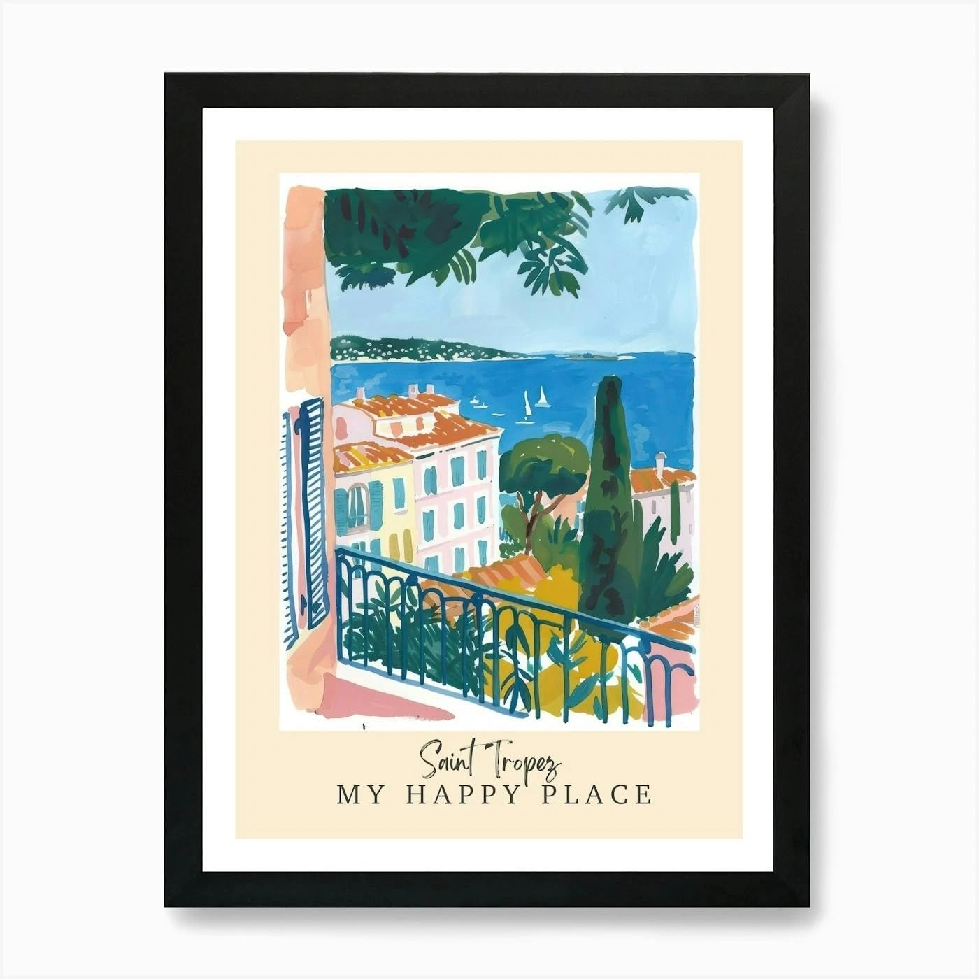 My Happy Place Saint Tropez 2 Trave Framed Wall Art Poster Canvas Print Picture (Oak, A4, Saint Tropez)