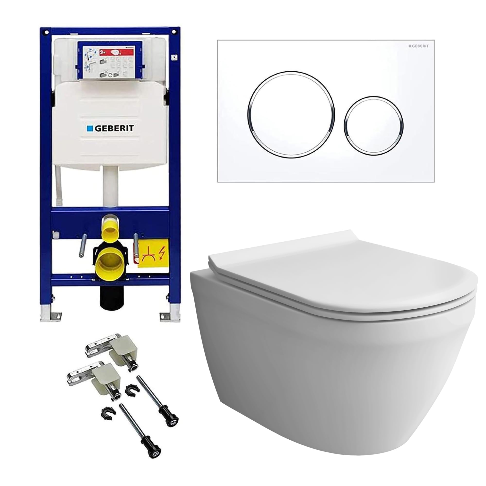 Alpenberger Hänge WC Komplettset | Wand WC Spülrandlos | Toilettendeckel mit Absenkautomatik | Spülkasten Bausatz Betätigungsplatte | Vorwandelement WC Set Komplett | Passend Geberit (8200 CS)