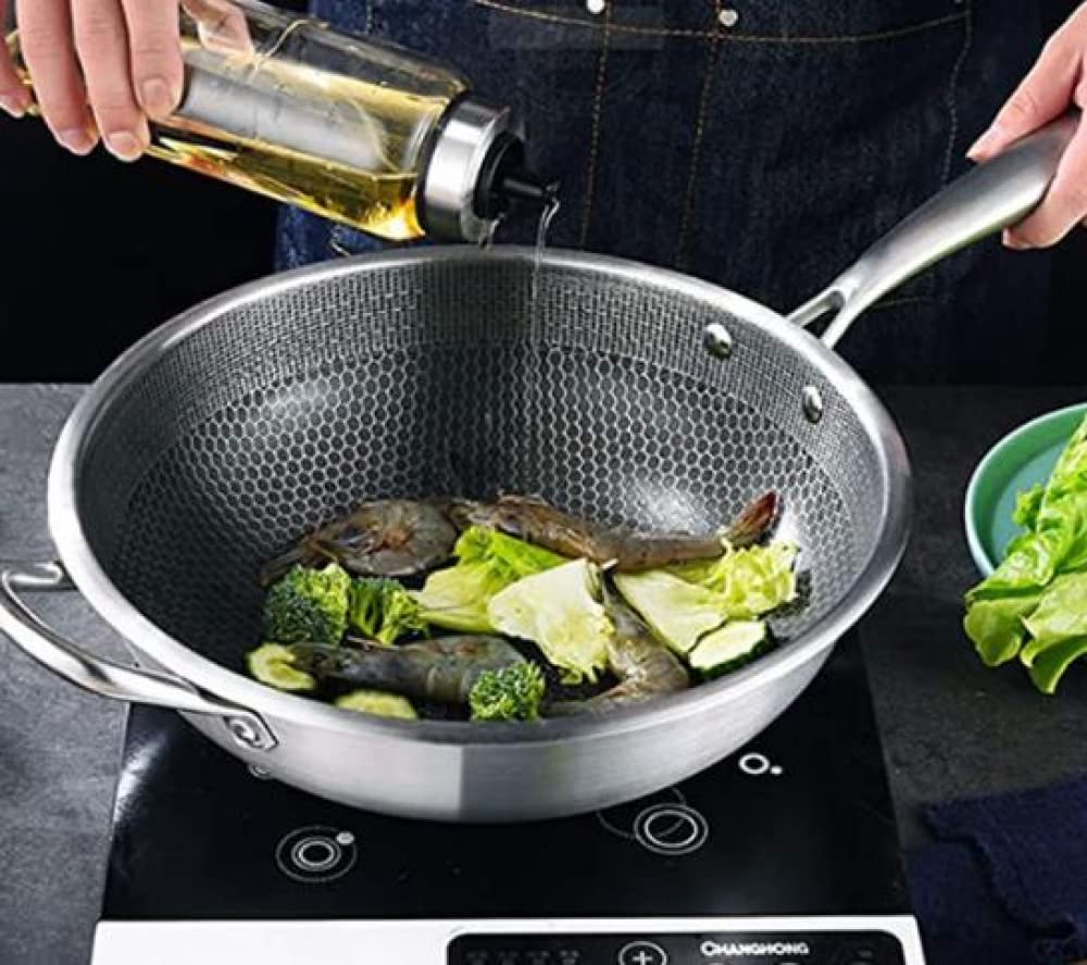 wok, Patelnia Wok ze stali nierdzewnej z powłoką zapobiegającą przywieraniu, patelnia, kuchenka gazowa i indukcyjna, narzędzie kuchenne(34cm)