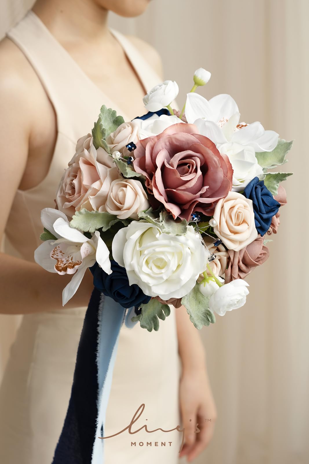 Ling's moment Dusty Rose Marineblau Brautstrauß für Braut, rosa Hochzeitssträuße für Braut Trauzeugin Brautjungfer, 9 Zoll Seide Runde Künstliche Hochzeit Blumen Sträuße, Kleine Brautjungfer Strauß
