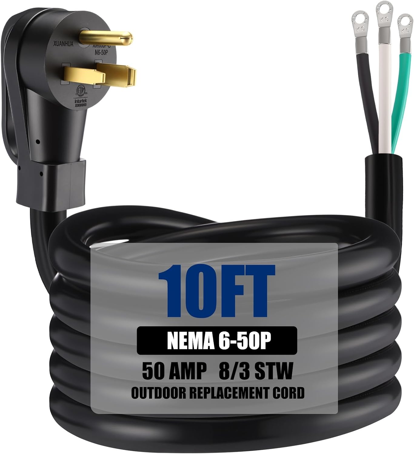 Kanayu 6.6 FT 6 AWG 3 Prong Replacement Power Cord Compatible with NEMA 6-50P 50 Amp 250V Welder Extension Cable with Open End for Welder Dryer Garage Heater Generator, ETL Listed