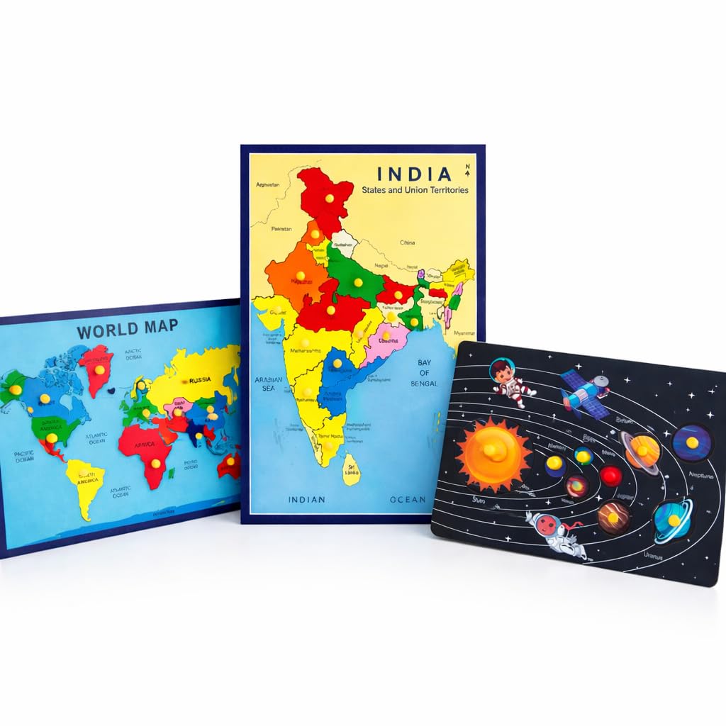 3-in-1 Wooden Knob Puzzle Set, India Map, World Map and Solar System, Educational Toy for Ages 3+-image-15