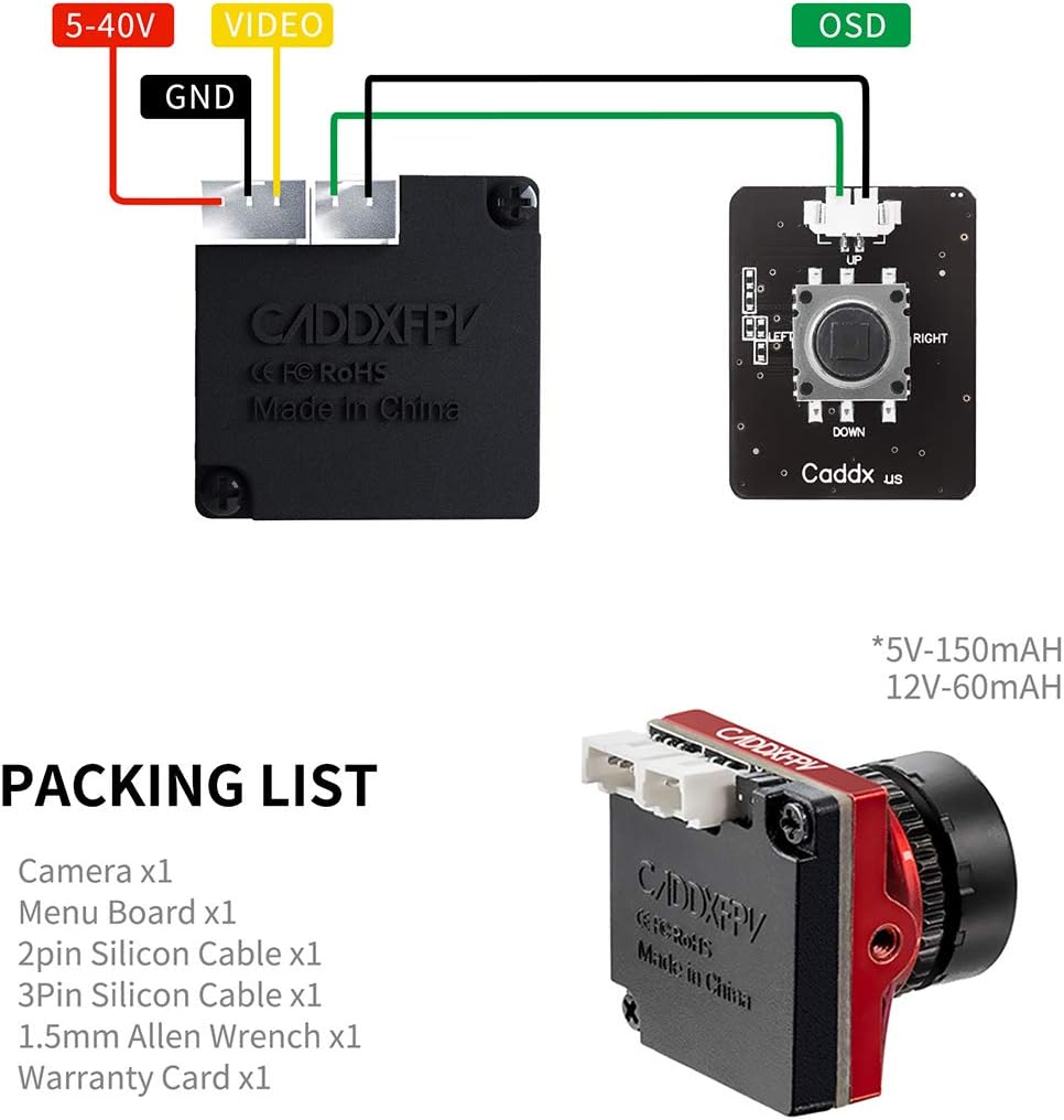 Wiring diagram for Caddx Ratel 2 showing 5-40V power, GND, Video, and OSD connections.