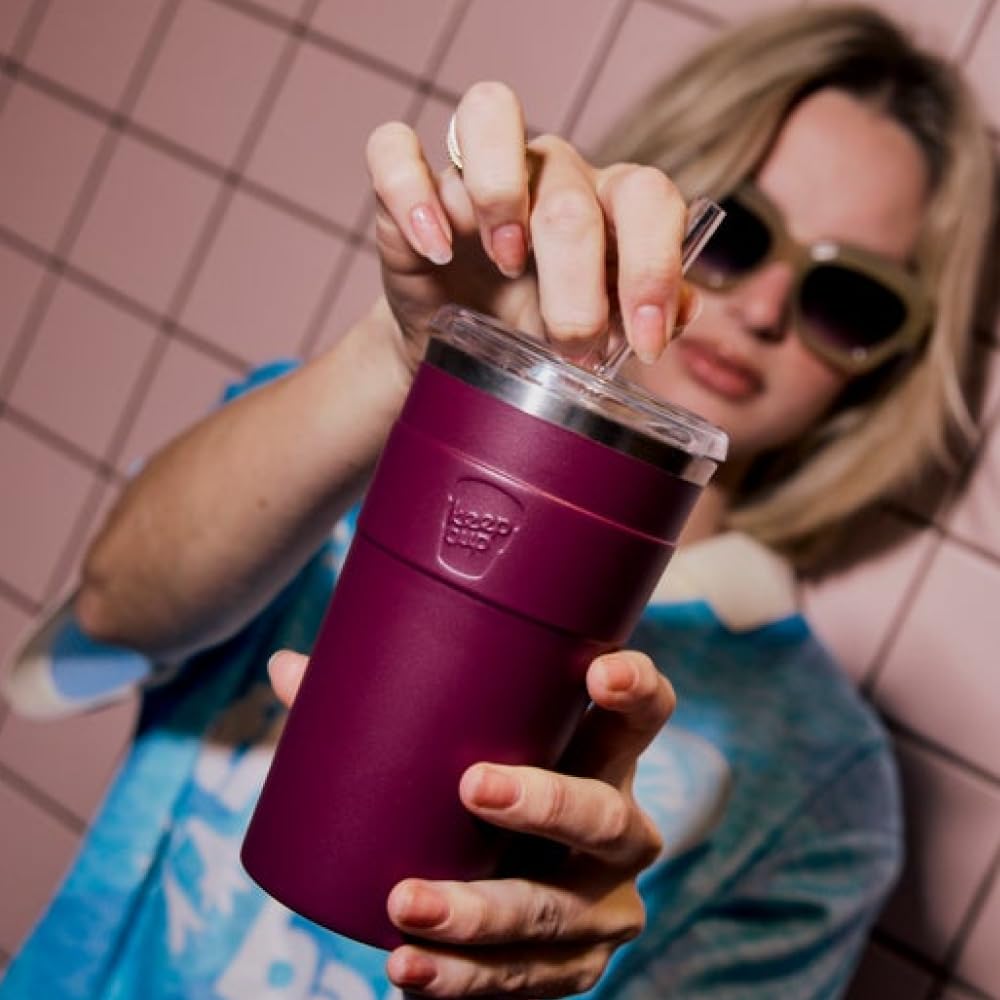 KeepCup Thermo-Kaltbecher, isolierter Edelstahl, wiederverwendbar, Kaffeetasse mit Deckel und Strohhalm, 454 ml, Schwarz
