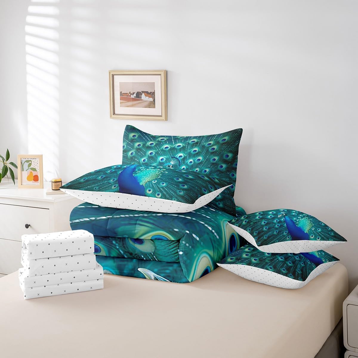 Peacock Bed in a Bag Queen Comforter Set 7 Piece,Peacock Feather Print Bedding Sets Teal Cute Animal Pattern Sheet Set with Comforter,Flat Sheet,Fitted Sheet,2 Pillowcases,2 Throw Pillow Covers