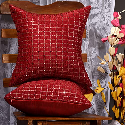 Image of Mirror Work Cushion Covers 20x20 Set of 2, Red Embroidered Silk Pillow Covers, Designer Pillows for Sofa with Sequin Embroidery