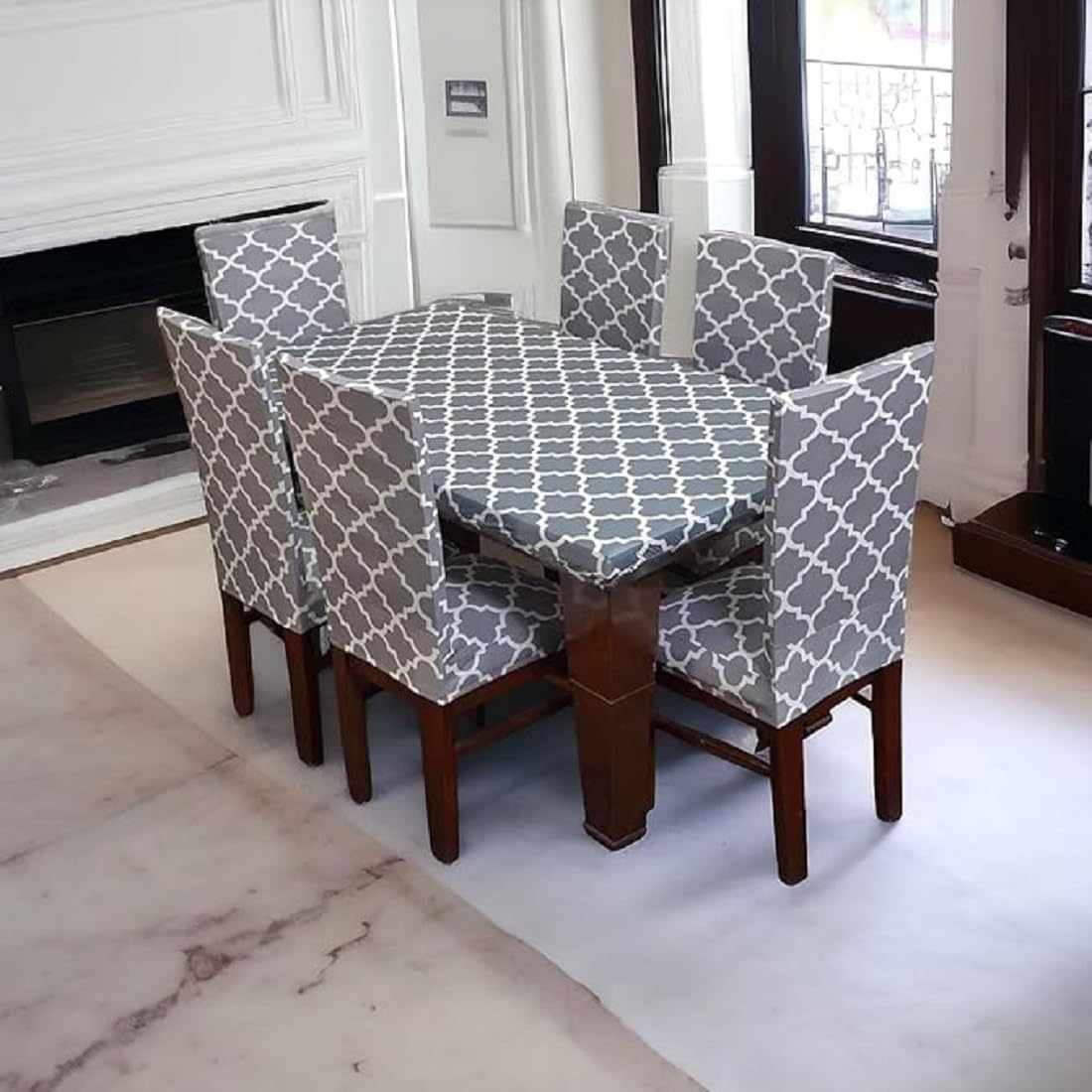 Dining Room Chair Covers, Quatrefoil Pattern, Stretch Fit with Wooden Chairs Grey and White, Set of 6 (Grey and White, Pack of 6)-picture-13