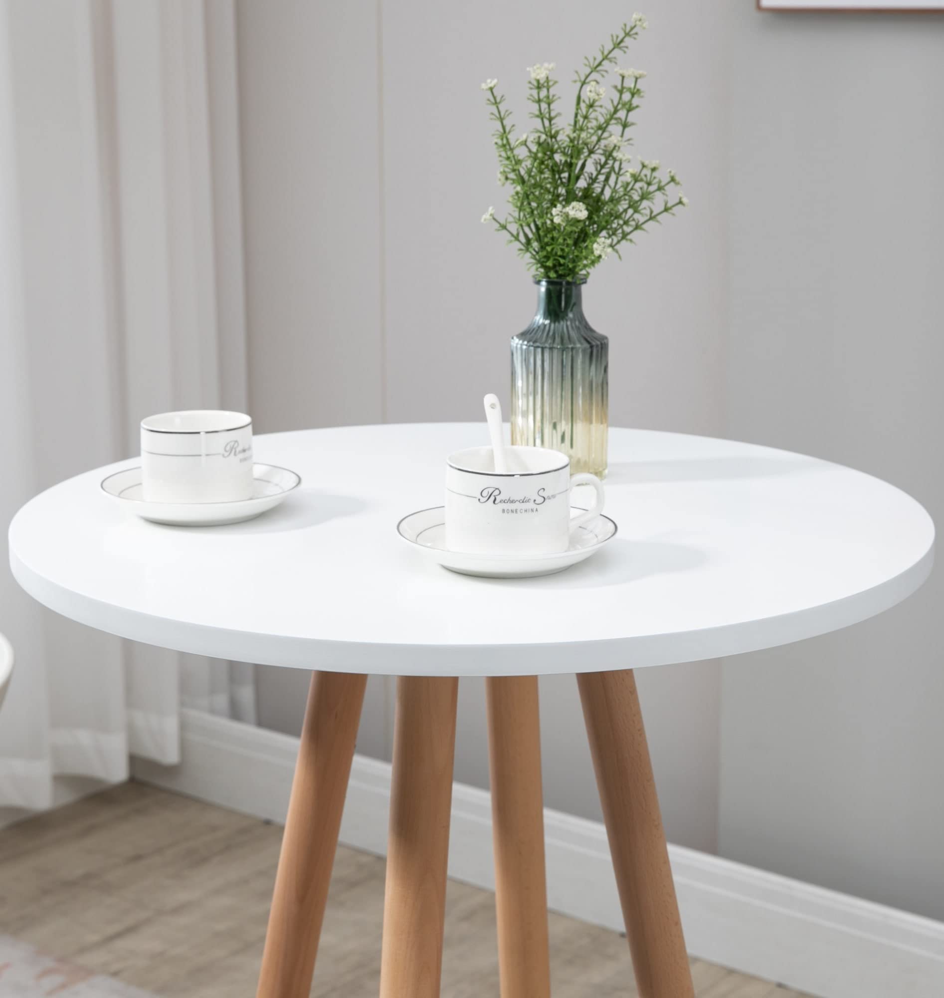 CLP Table Haute De Bar Livia avec Plateau Rond I Pieds en Bois I Repose-Pieds en Métal | Couleur Nature/Blanc
