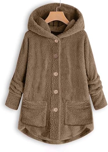 Miniatura 3 de SNKSDGM Chaqueta de forro polar mullido para mujer, con capucha, botones, de longitud media, suave, lanudo y con bolsillos